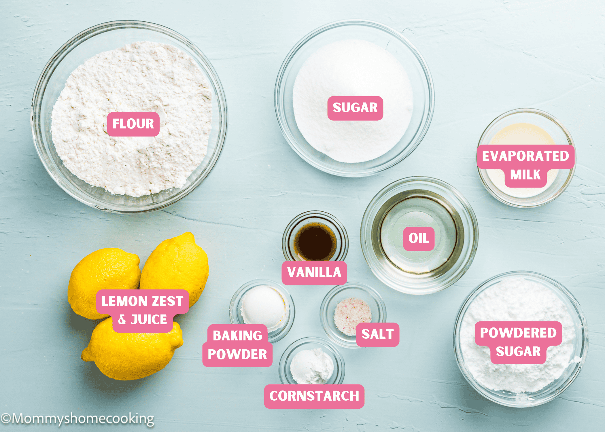 Ingredients needed to make Eggless Lemon Crinkle Cookies ingredients with name tags.