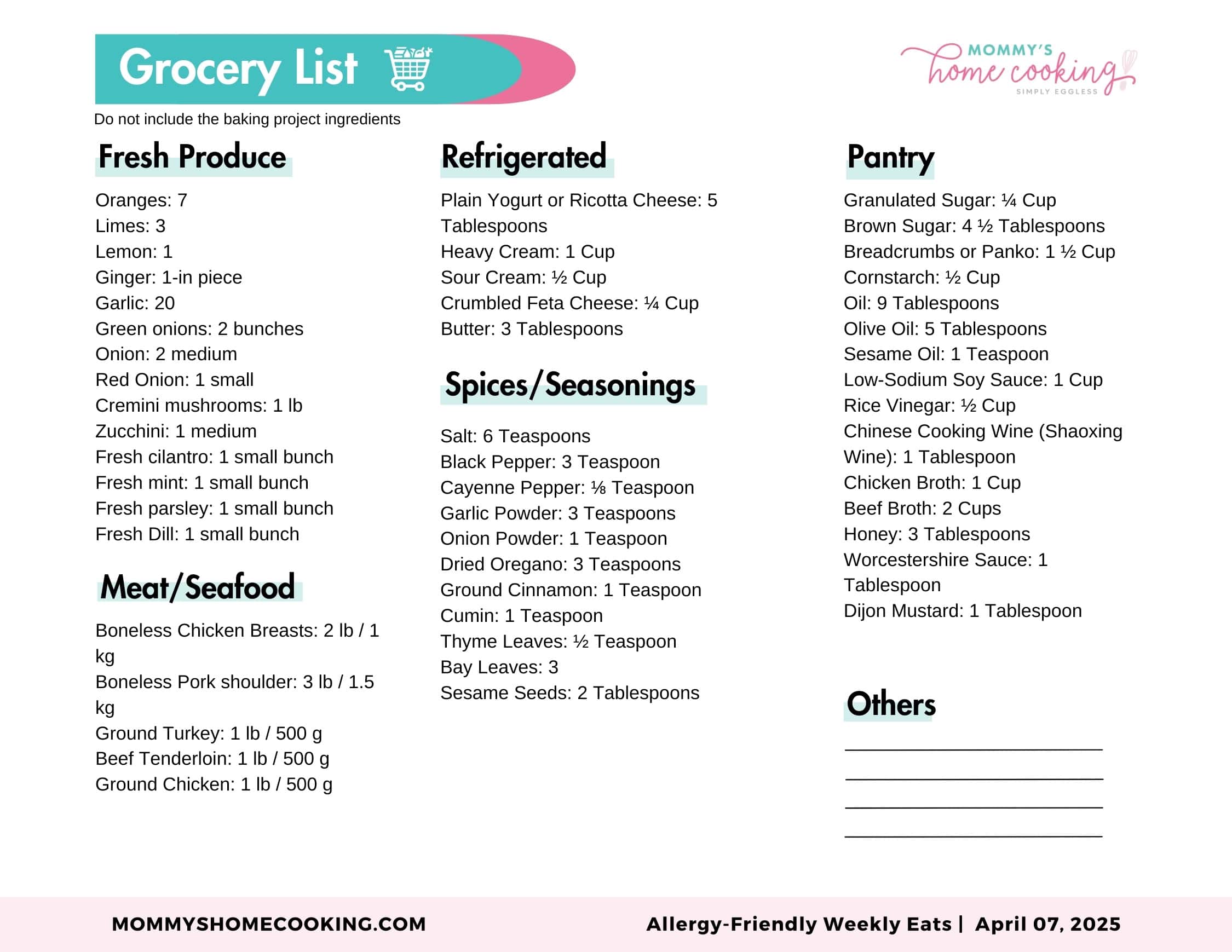 Allergy-Friendly Weekly Eats April 07, 2025 Shopping List.