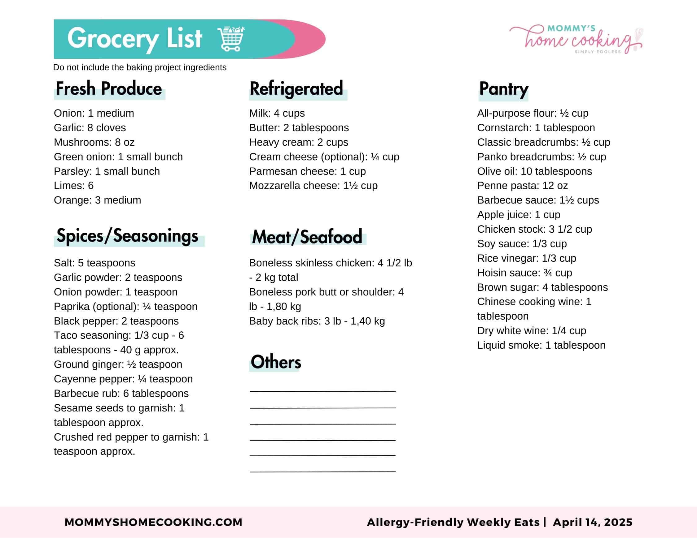 Allergy-Friendly Weekly Eats April 14, 2025 Shopping List.