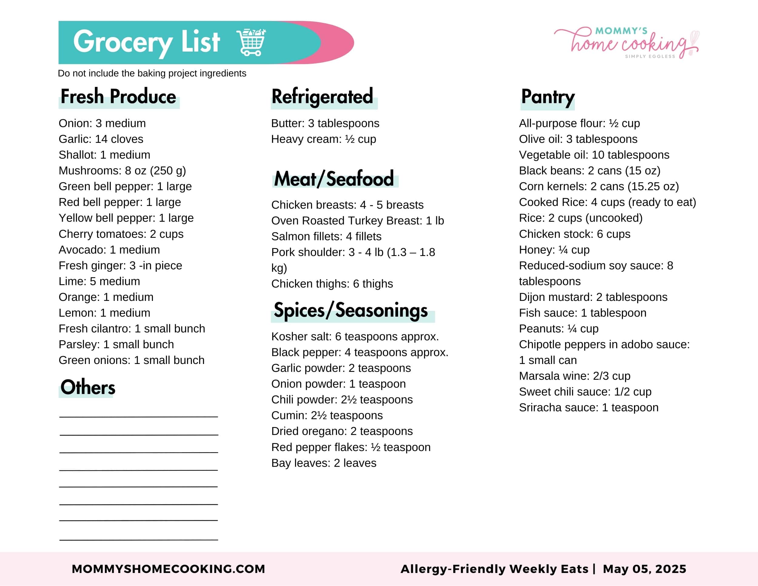 Allergy-Friendly Weekly Eats May 05, 2025 shopping list. 