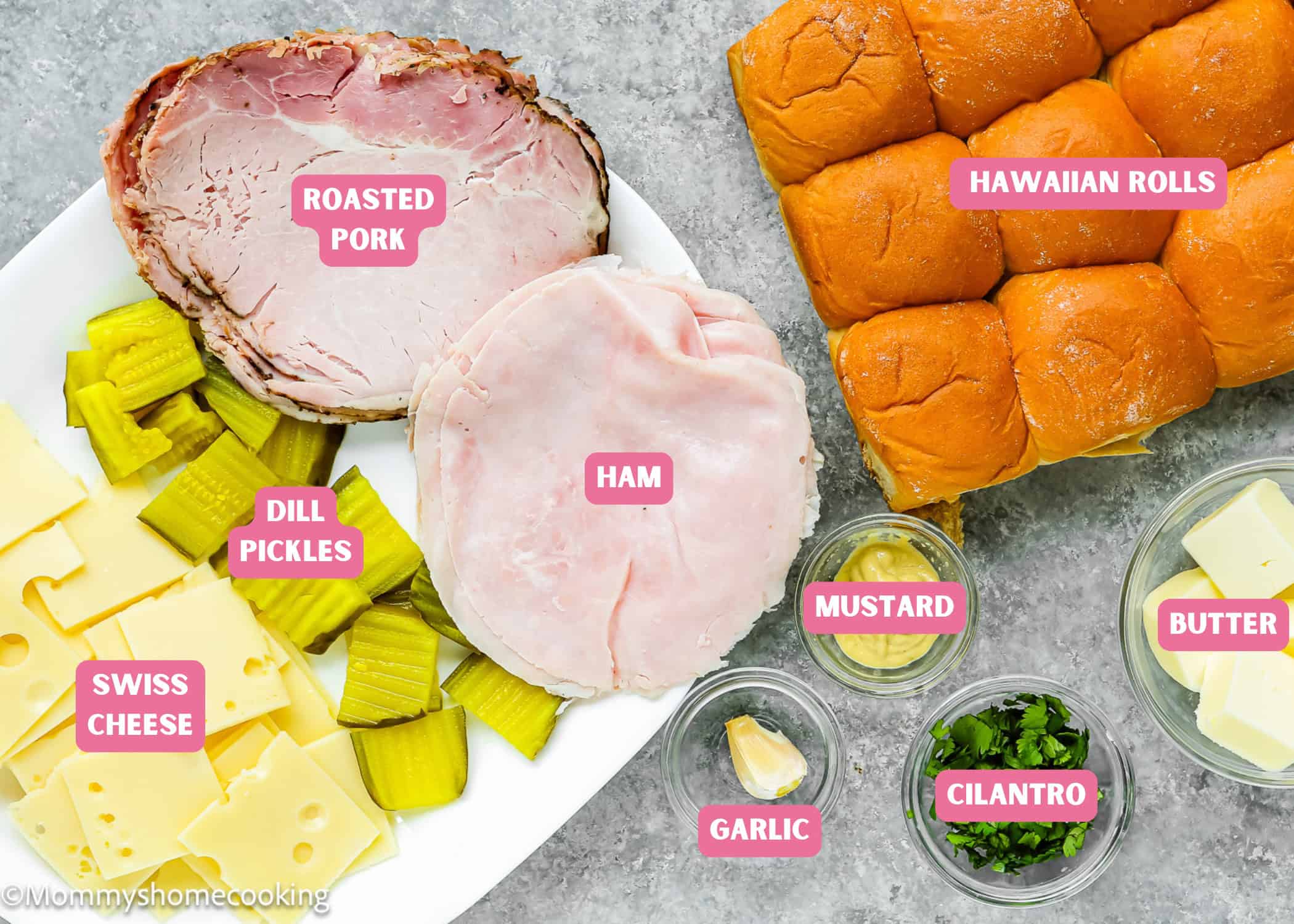 Ingredients needed to make Easy Cuban Sliders with name tags.