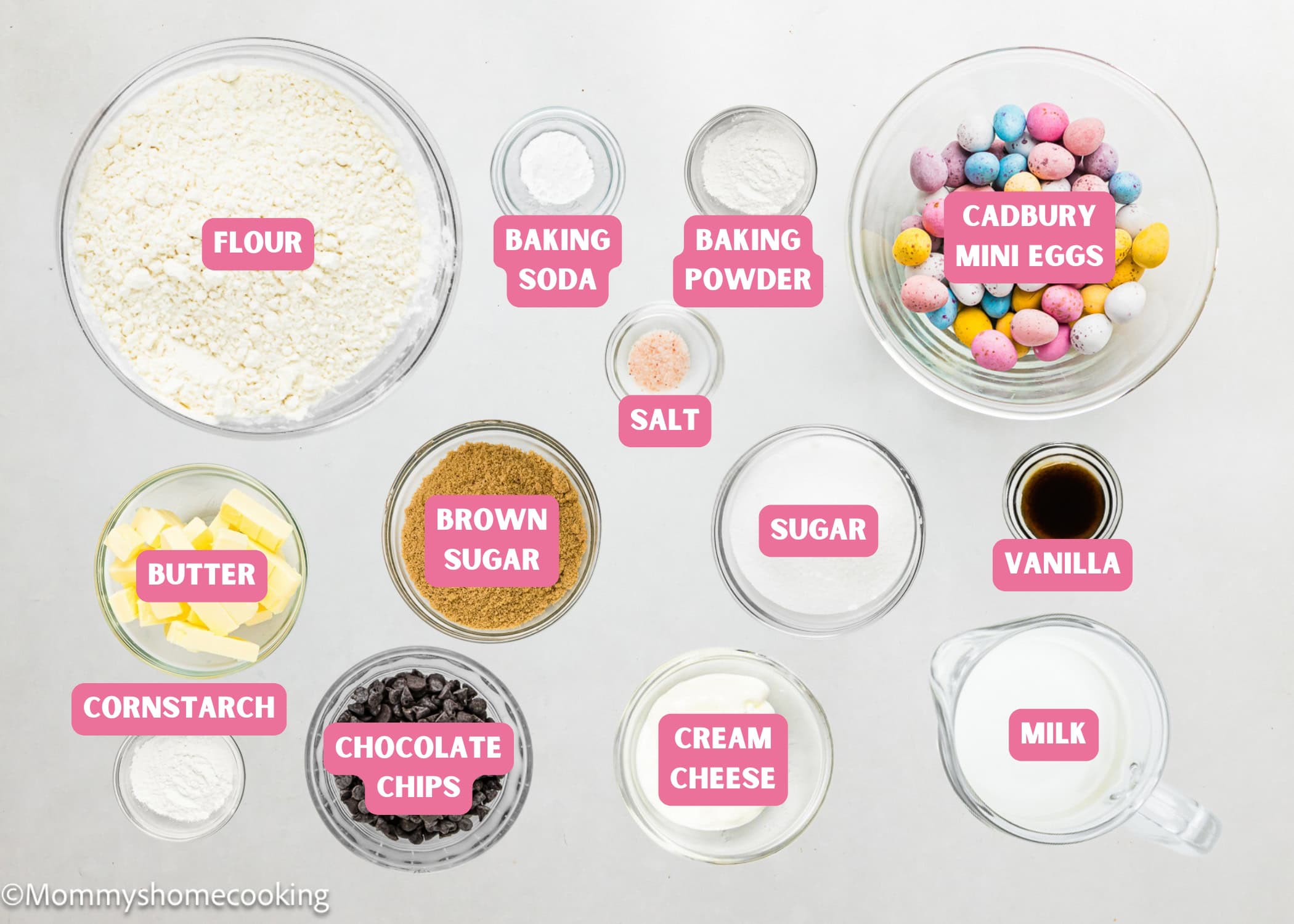 Ingredients needed to make Eggless Cadbury Mini Egg Cookies (Easy!) ingredients with name tags.