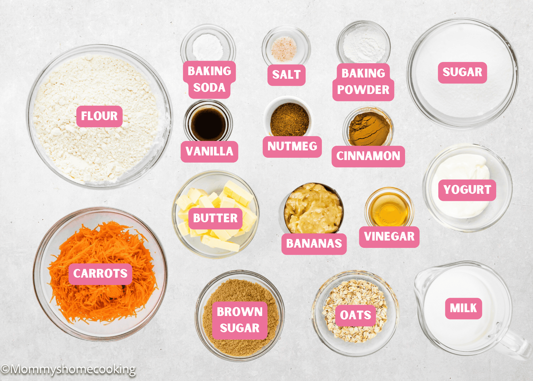 Eggless Carrot Banana Muffins ingredients with name tags.