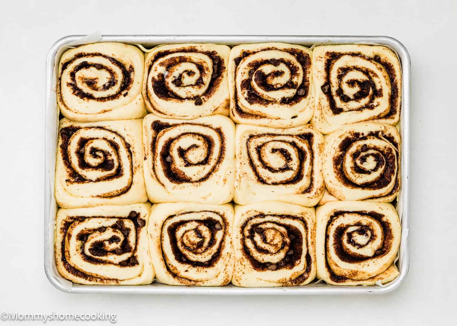 A baking tray filled with twelve unbaked Eggless Chocolate Cinnamon Rolls arranged in three rows of four, viewed from above.