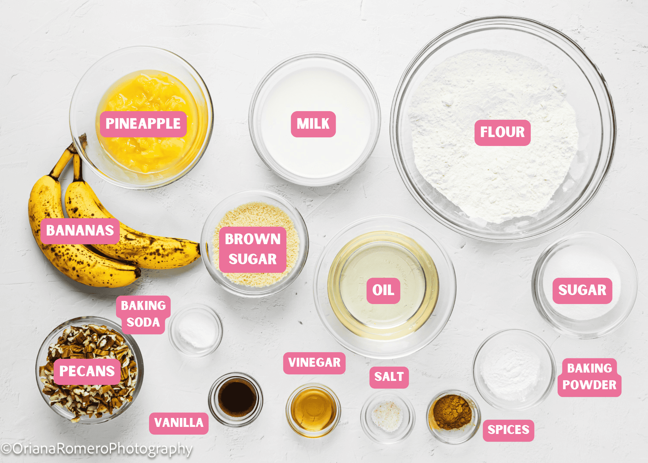 Eggless Hummingbird Cupcakes ingredients with name tags.