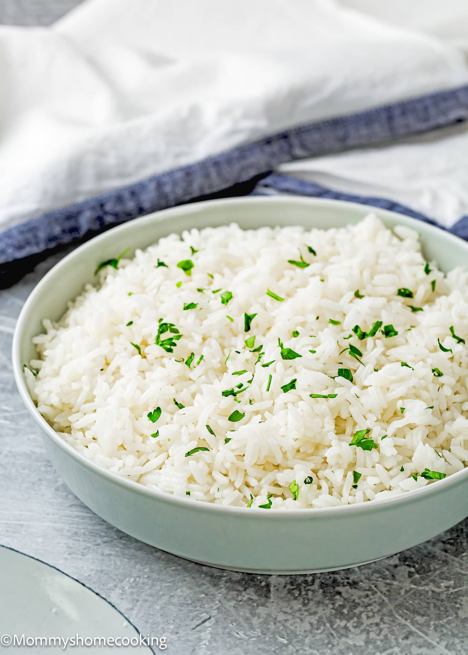 A bowl of cooked white rice, garnished with chopped green herbs, sits on a gray surface with a white cloth in the background—perfect for illustrating How To Cook Fluffy Rice On Stove (Beginner-Friendly Guide!).