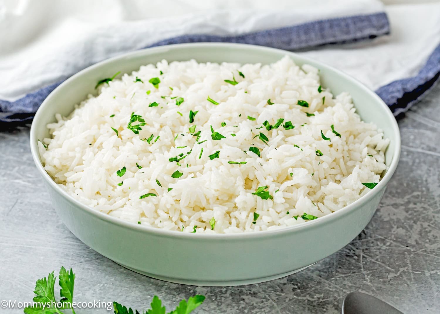 A bowl of cooked white rice garnished with chopped parsley sits on a gray surface with a napkin nearby, showcasing the results from How To Cook Fluffy Rice On Stove (Beginner-Friendly Guide!).