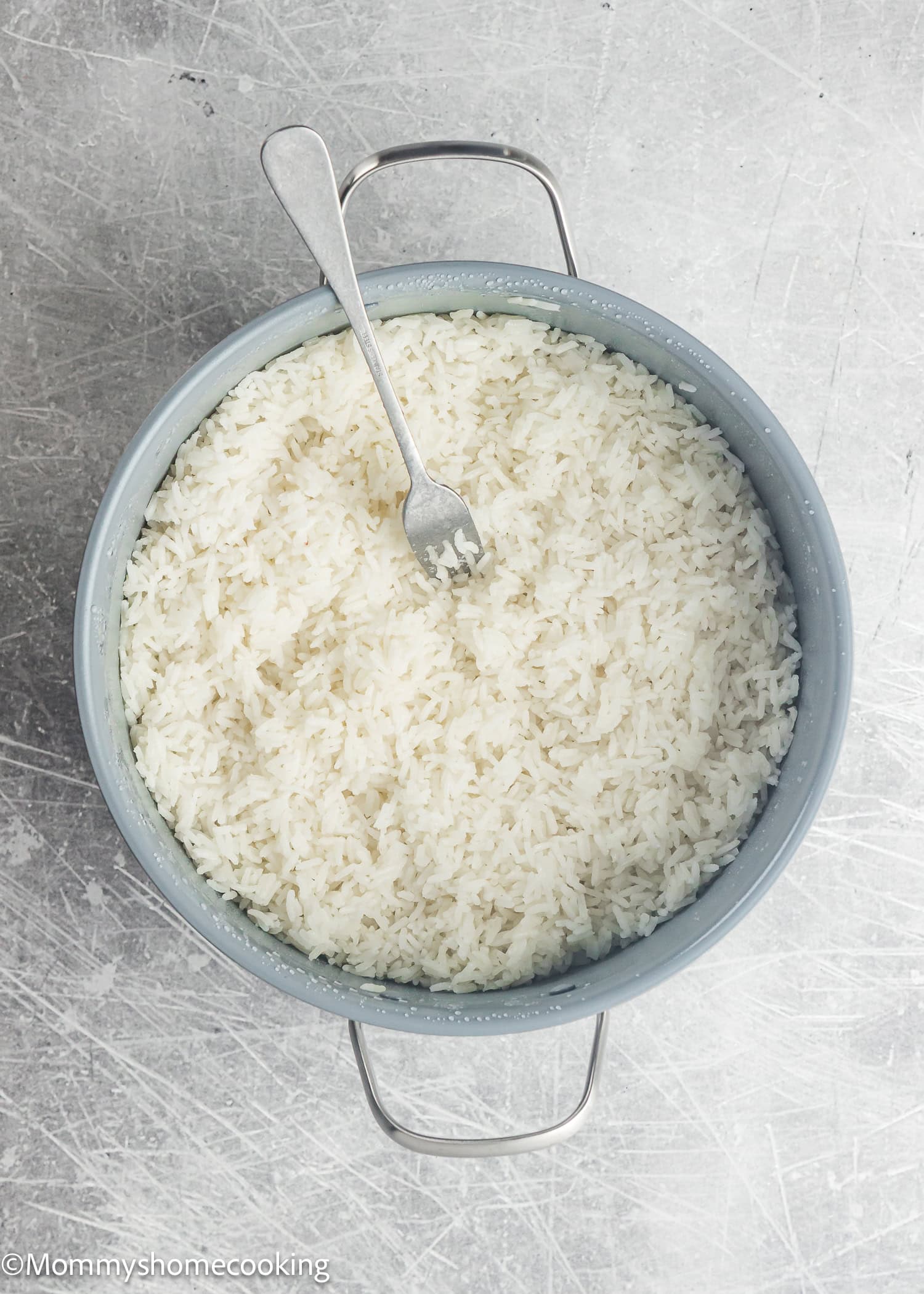 A pot of cooked white rice with a fork resting inside, placed on a gray textured surface. Perfect for those wanting to learn How To Cook Fluffy Rice On Stove (Beginner-Friendly Guide!).