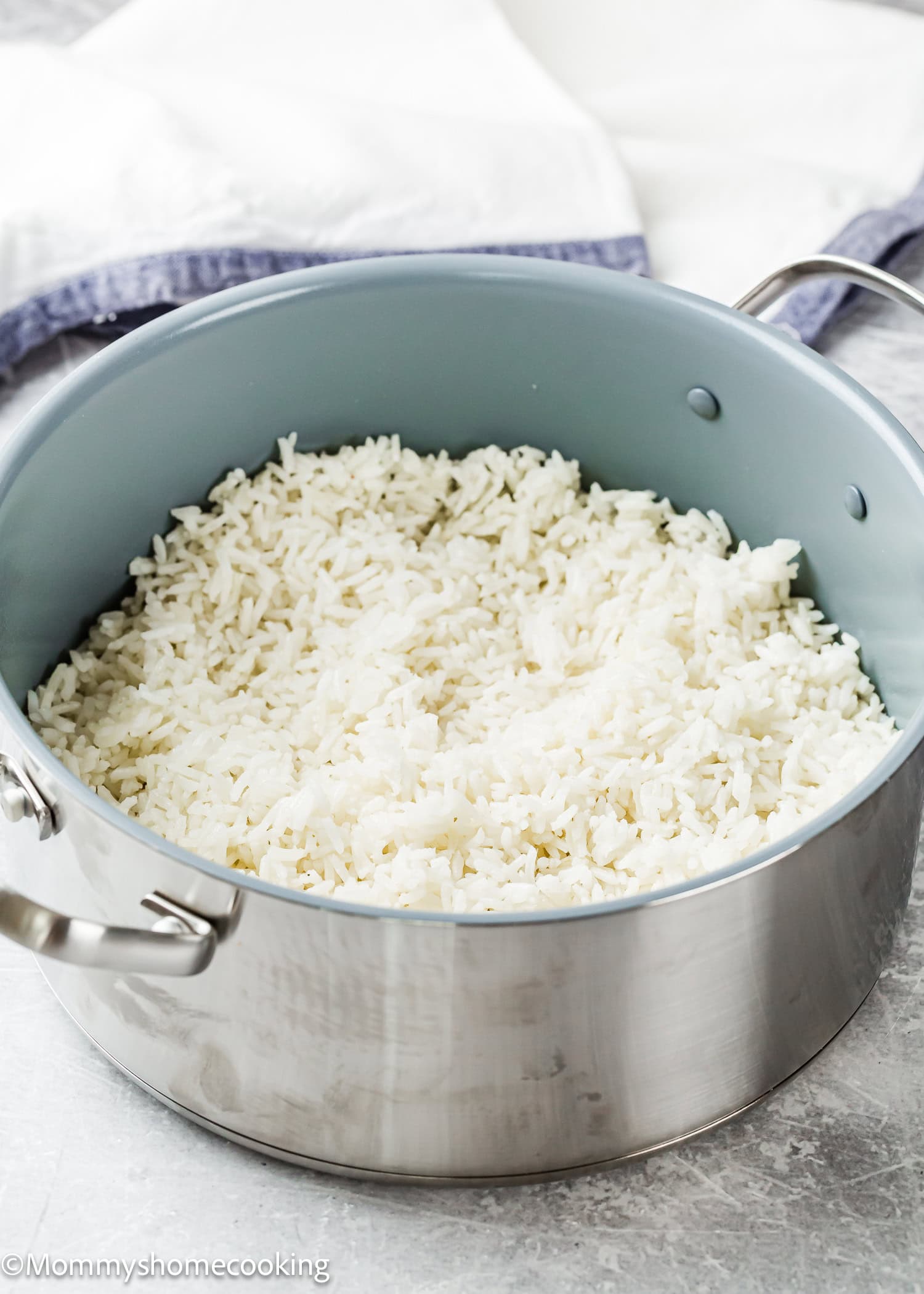 A stainless steel pot filled with cooked white rice sits on a light-colored countertop with a white and blue towel in the background, illustrating How To Cook Fluffy Rice On Stove (Beginner-Friendly Guide!).