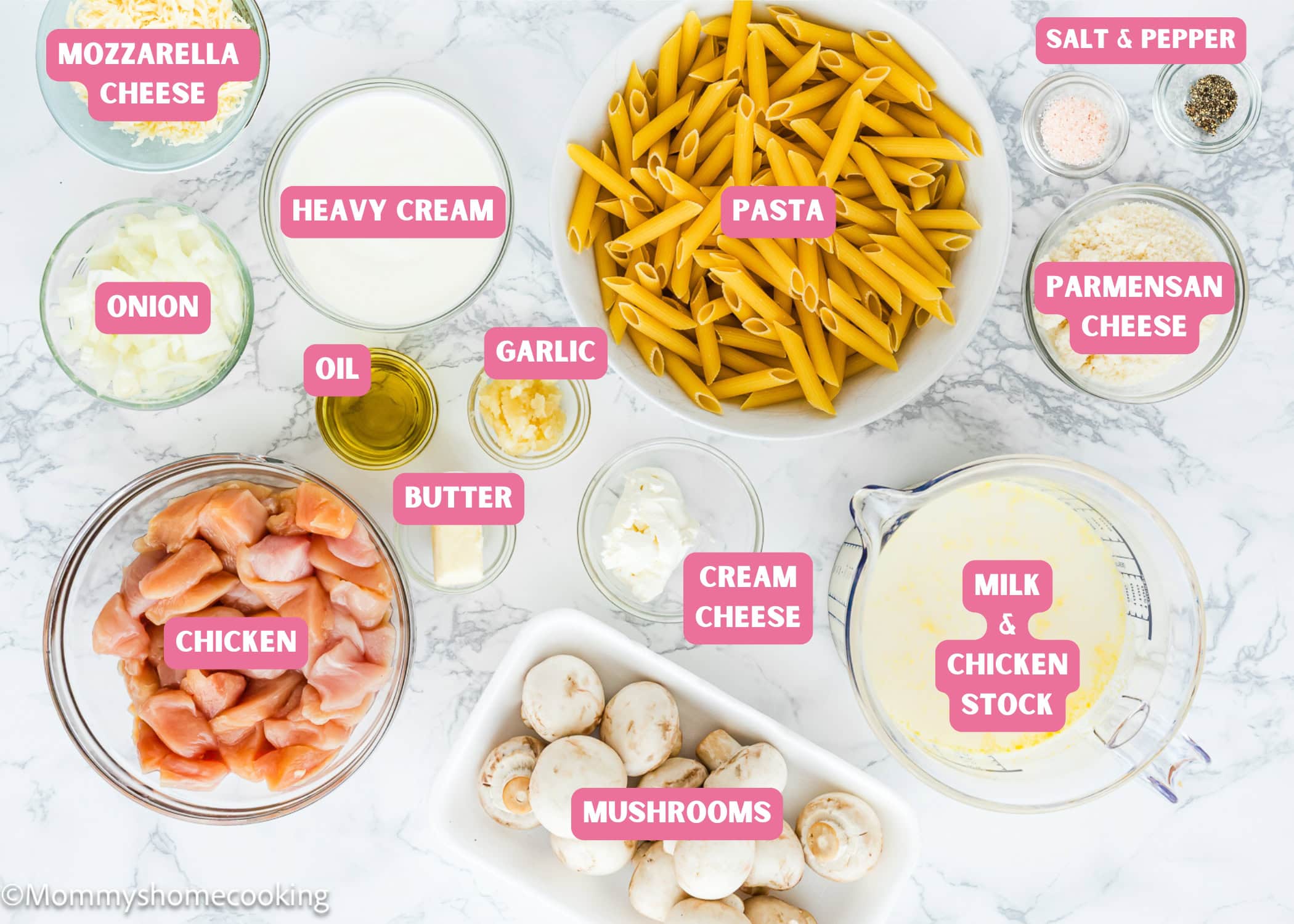 Ingredients needed to make One-Pot Easy Chicken Tetrazzini with name tags.