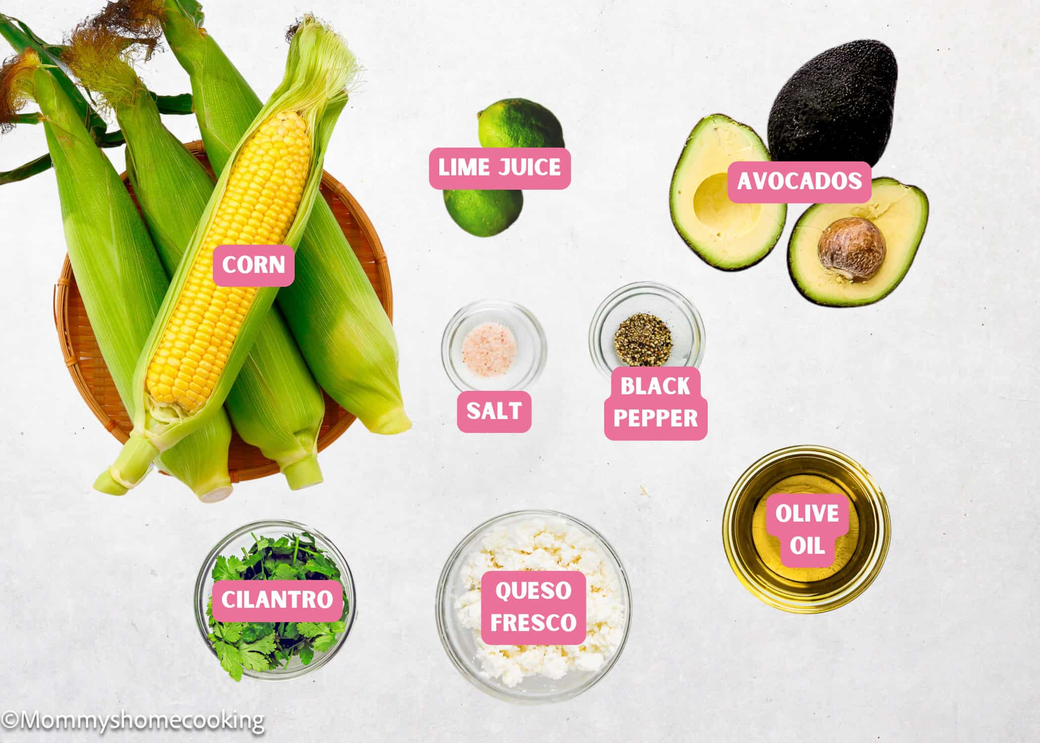 Easy Avocado Corn Salad (no mayo) ingredients with name tags.