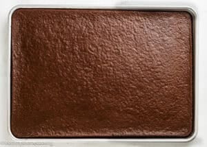 A sheet pan filled with a large, uncut, baked Eggless Texas Sheet Cake rests on a white surface.