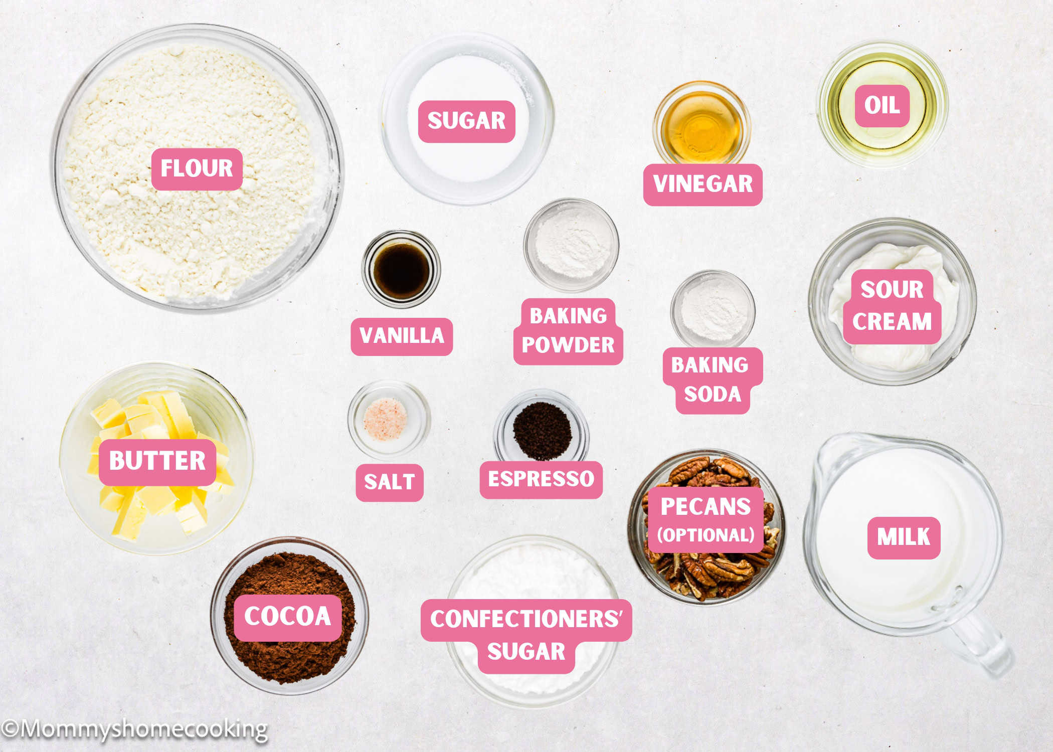 Eggless Texas Sheet Cake ingredients with name tags.