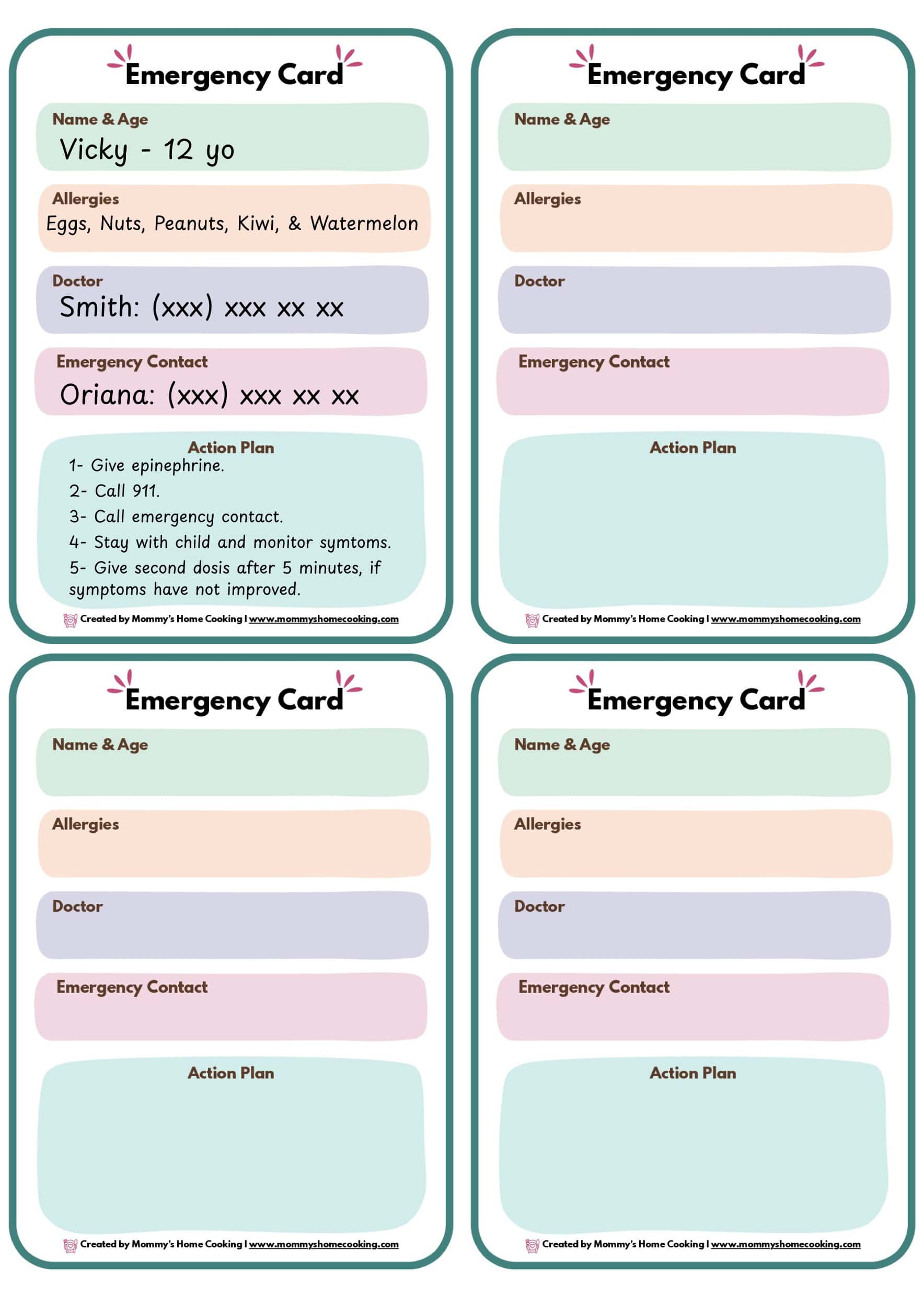 Emergency Card for food allergies free Printable.