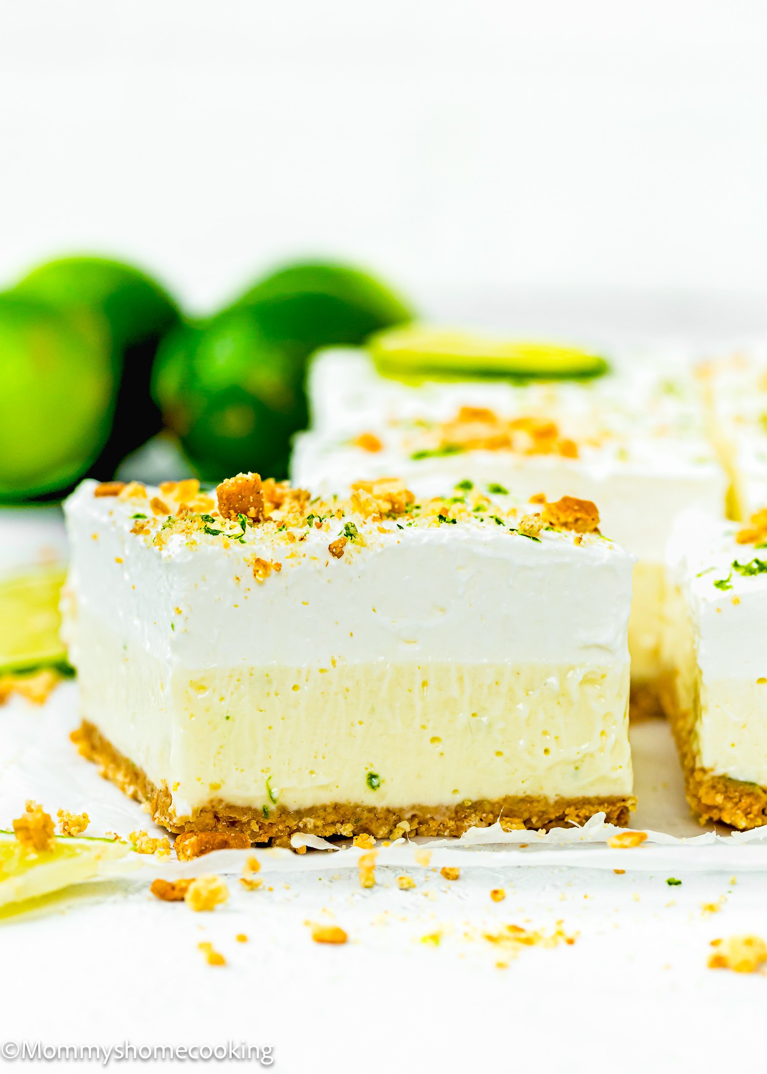 A close-up of No Bake Key Lime Pie Bars with a crumbly crust, creamy filling, and whipped topping, garnished with lime zest and cookie crumbs. Whole limes are blurred in the background.