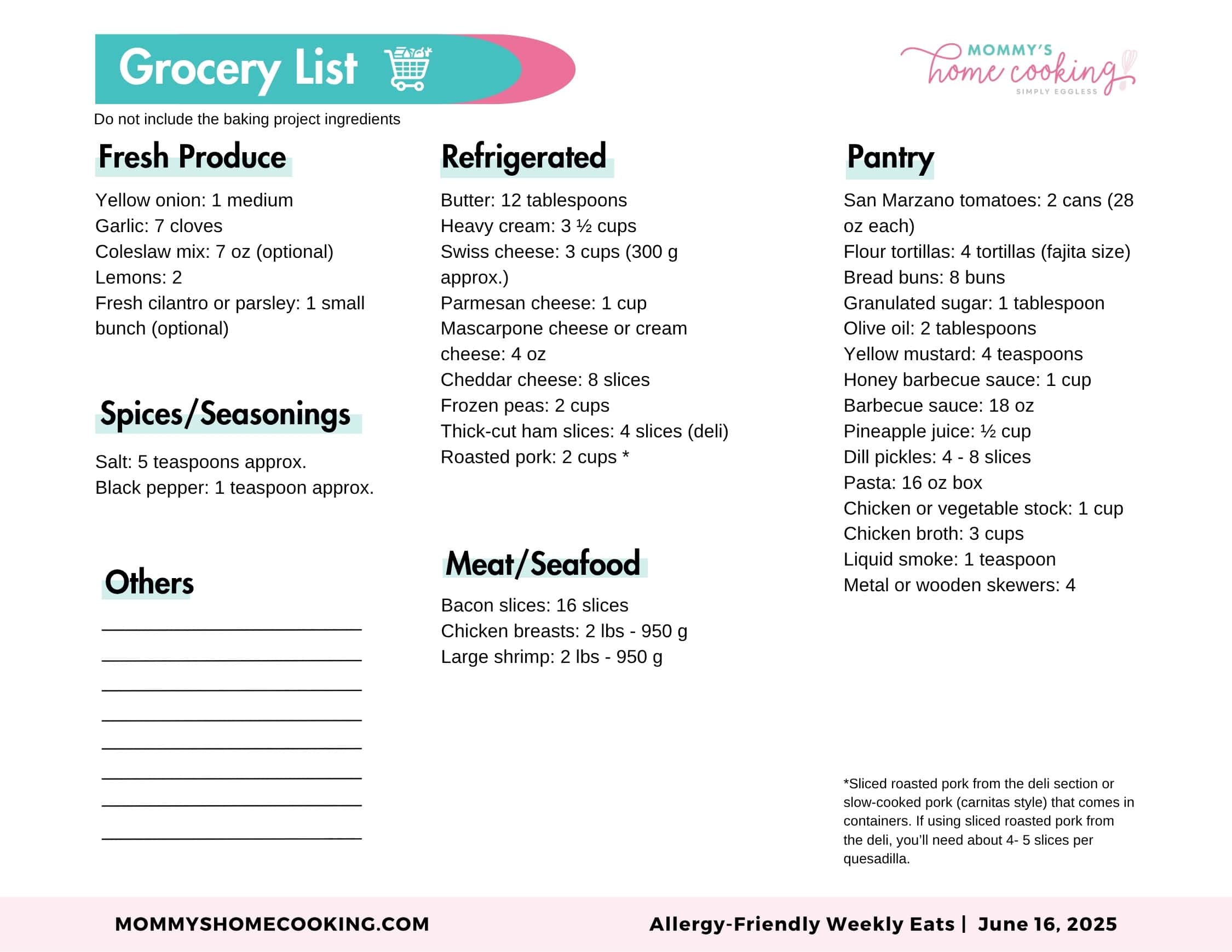 Shopping list for June 16th, 2025.