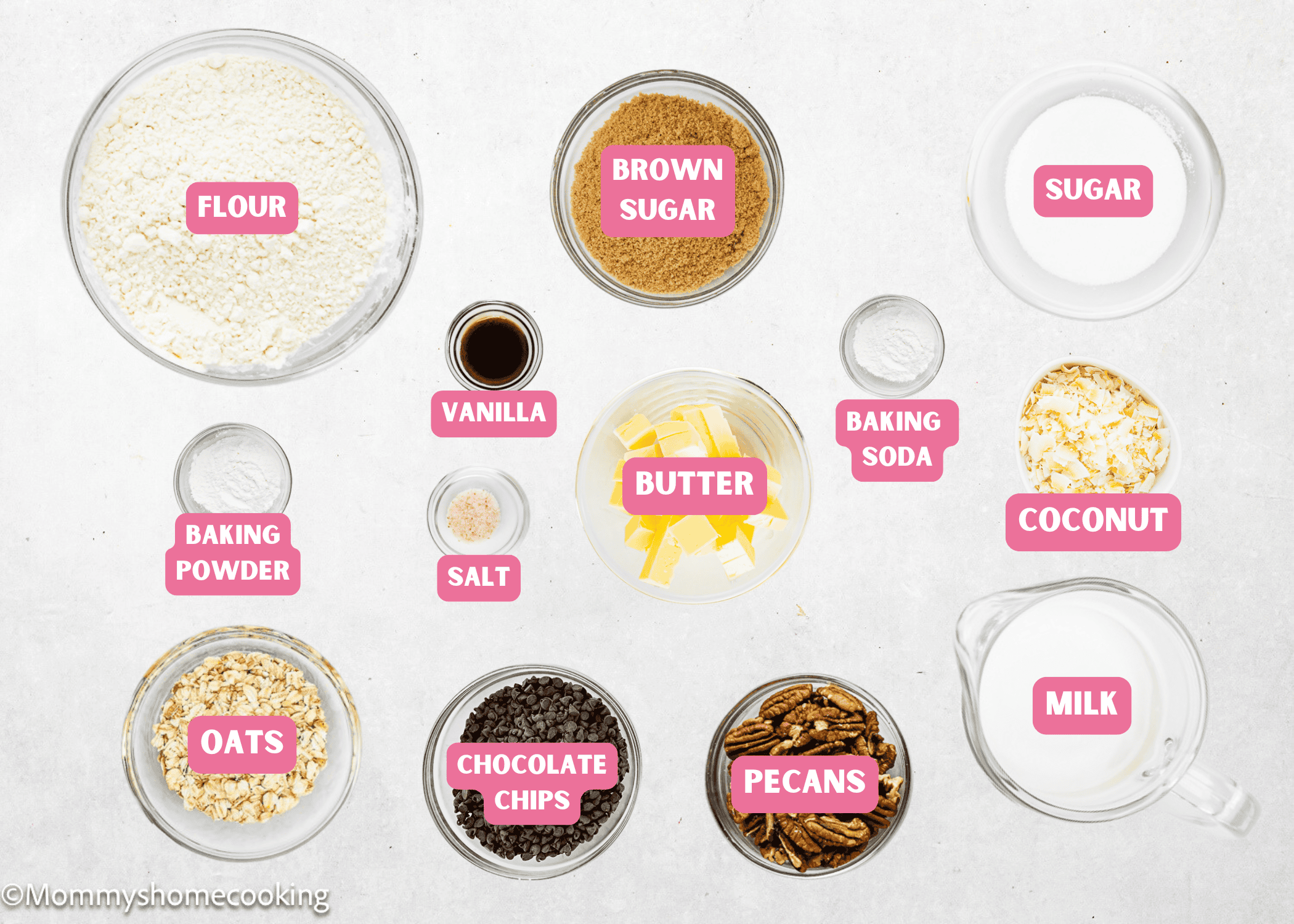 Eggless Cowboy Cookies ingredients with name tags.