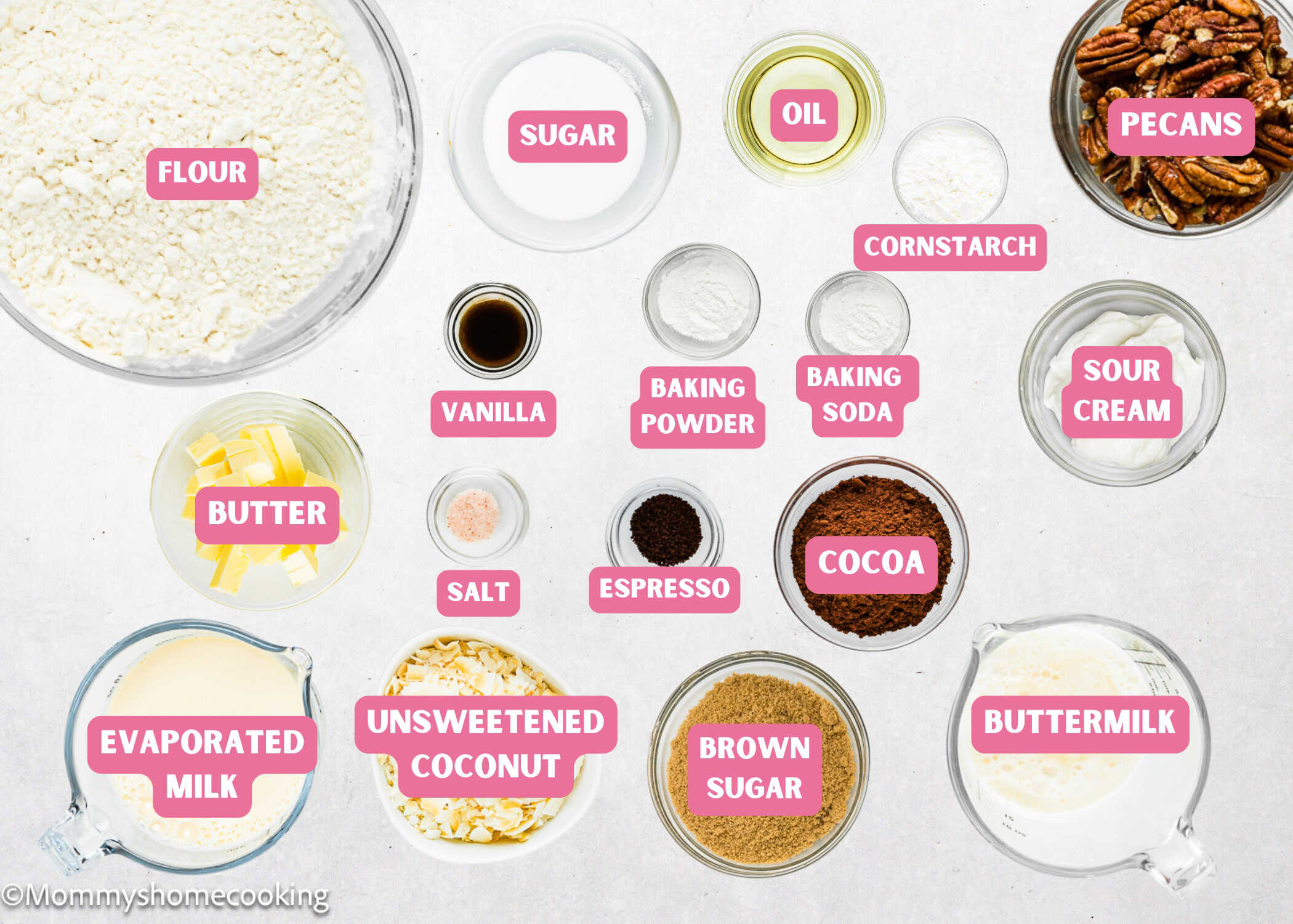Eggless German Chocolate Sheet Cake ingredients with name tags 2