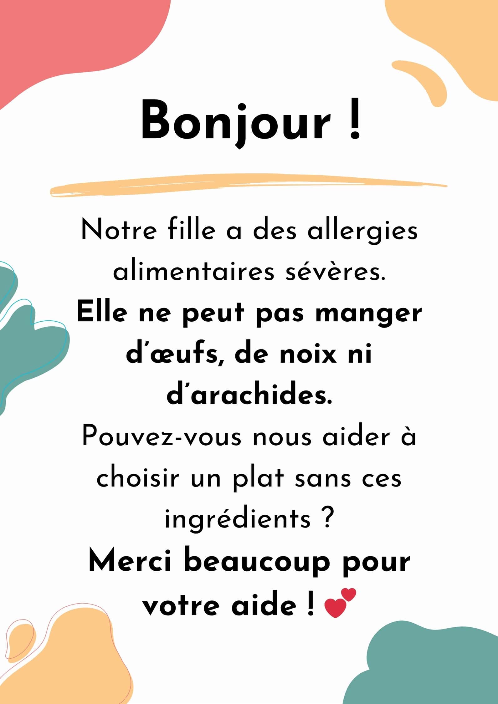 Food allergy card sample in French.