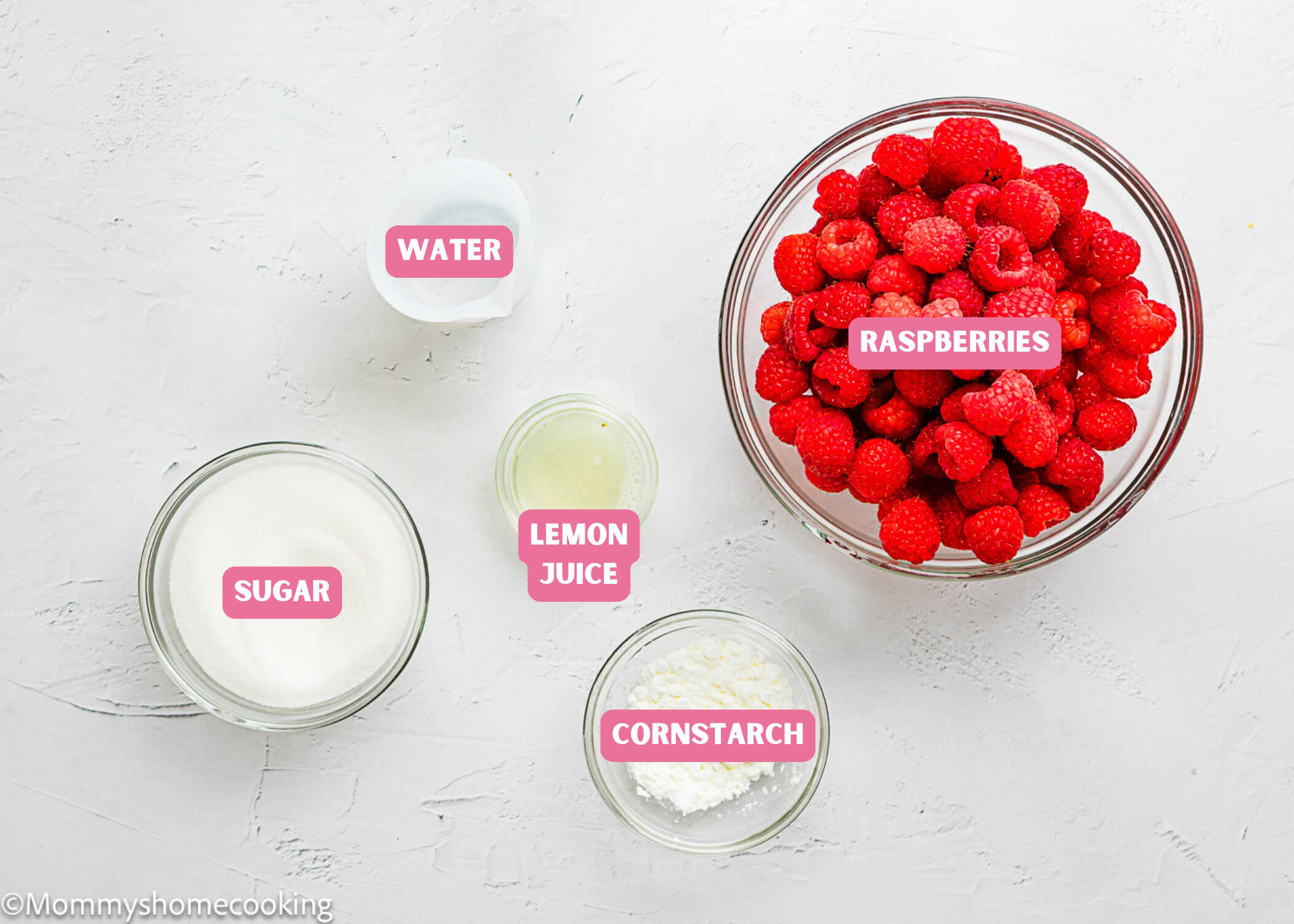 Raspberry Dessert Sauce Recipe ingredients with name tags.