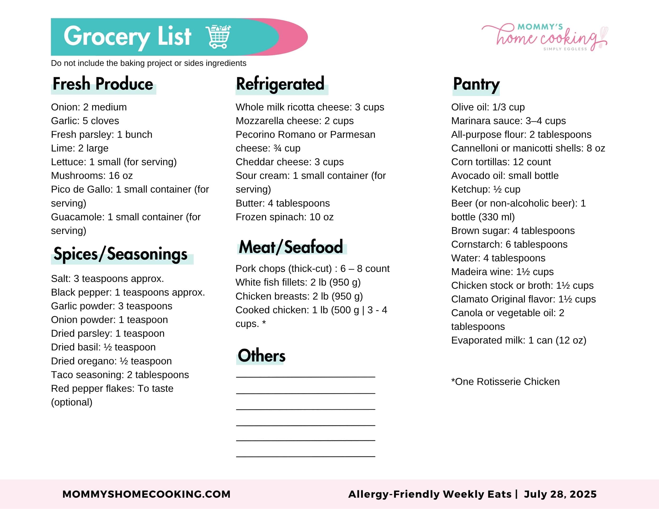 Allergy-Friendly Weekly Eats July 28, 2025 Shopping List.