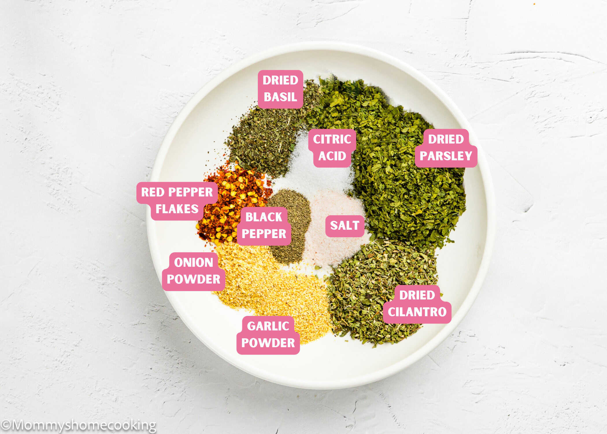 Easy Dry Chimichurri Seasoning (Allergy-Safe & Full of Flavor!) ingredients with name tags.