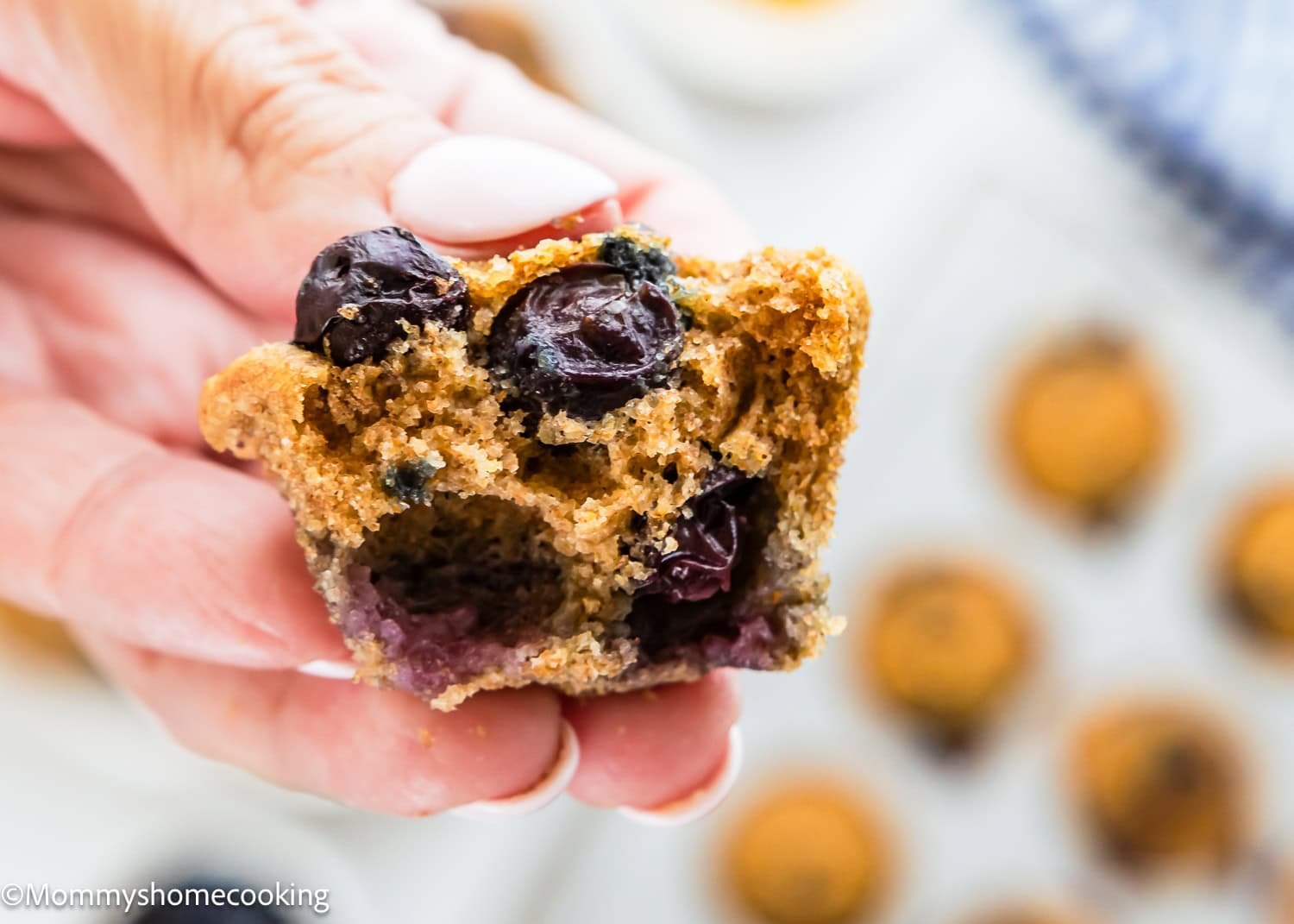 A hand holds a partially eaten Dairy-Free Mini Blueberry Muffin, revealing a moist interior with whole blueberries.