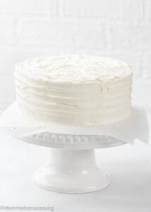 A round, white frosted Egg-Free Vanilla Cake sits on a white cake stand against a white background. This soft, fluffy birthday cake is made without eggs.