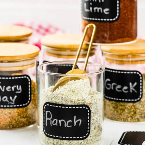 A glass jar labeled "Ranch" filled with Homemade Ranch Seasoning Mix (Allergy-Friendly & Dairy-Free Option!), and a gold measuring spoon, surrounded by similar jars labeled "Chili Lime," "Greek," and "Everyday.