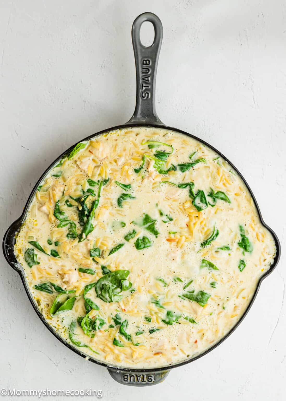 A cast iron skillet filled with Easy Lemon Chicken Orzo (One Pot) showcases cooked orzo pasta and chunks of chicken in a creamy sauce, viewed from above on a white background.