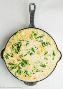 A cast iron skillet filled with Easy Lemon Chicken Orzo (One Pot) showcases cooked orzo pasta and chunks of chicken in a creamy sauce, viewed from above on a white background.