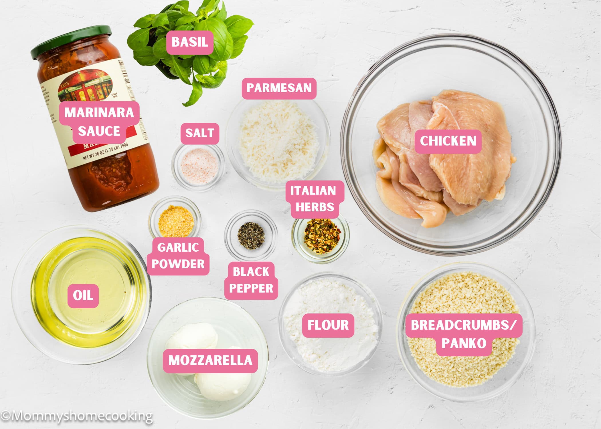 Eggless Chicken Parmesan ingredients with name tags.