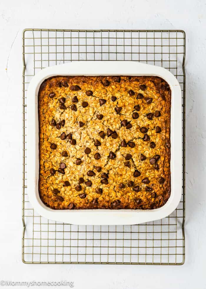 Square oatmeal topped with chocolate chips on a white baking dish and placed on a cooling rack on a white background.