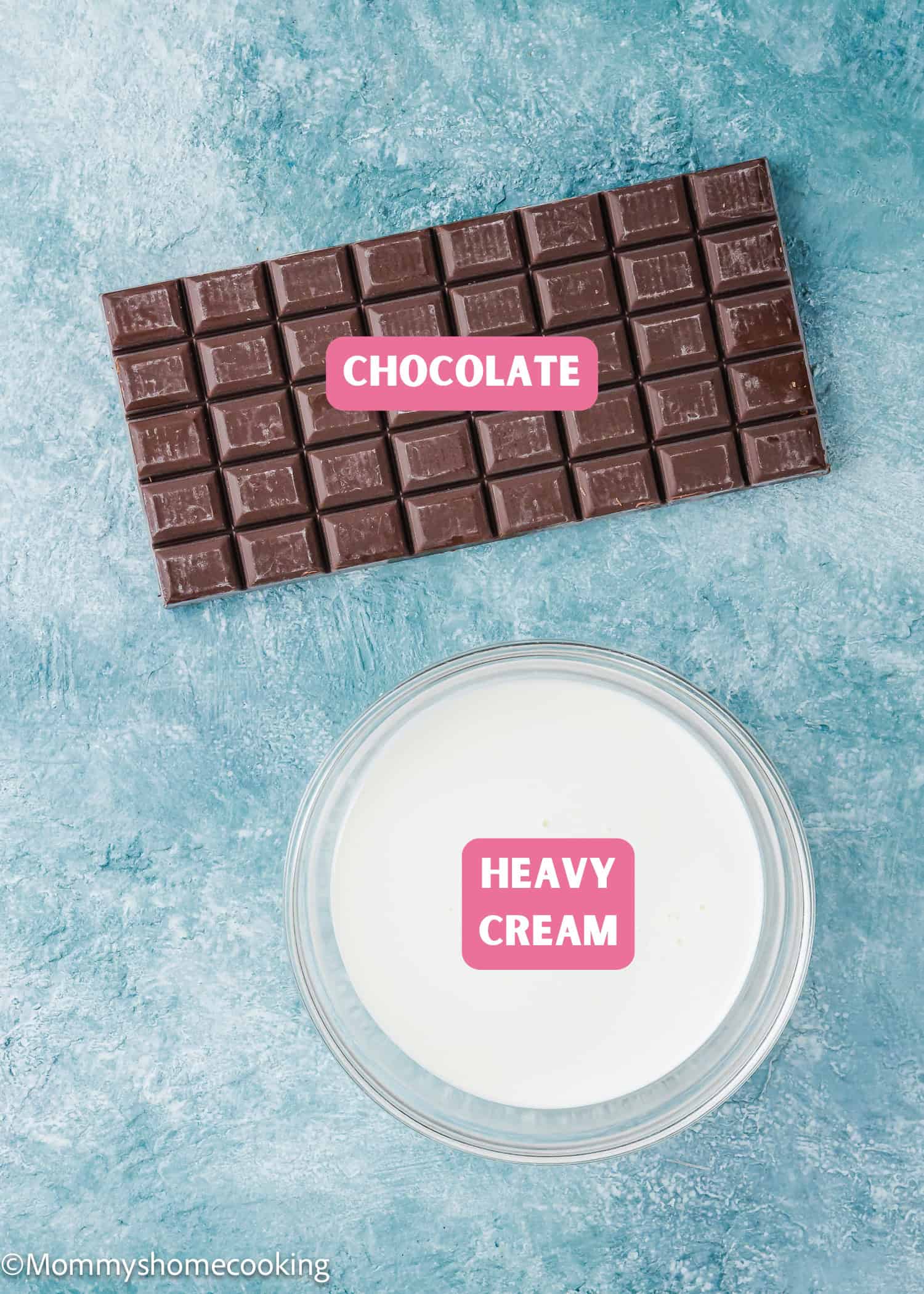 A bar of chocolate and a bowl of heavy cream, labeled with name tags as Foolproof Chocolate Ganache (With Dairy-Free Option!) ingredients, are placed on a blue textured surface.