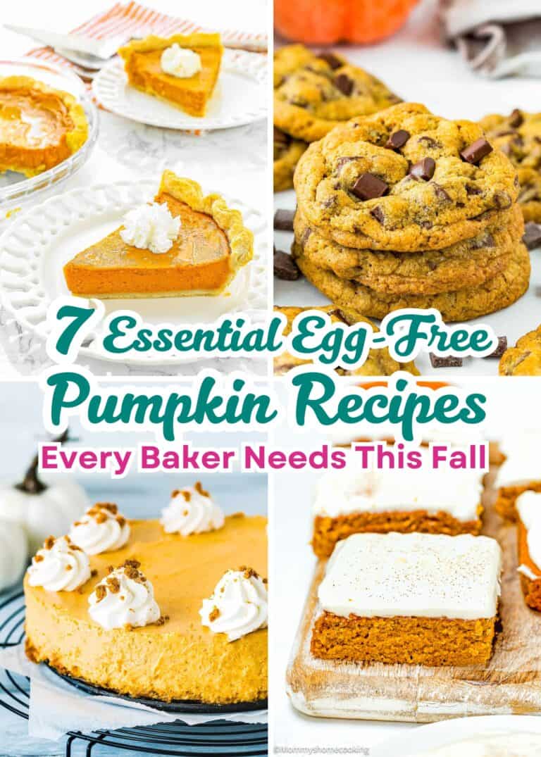 A collage of easy egg-free pumpkin desserts—pie, cookies, cake, and bars—with the text: "7 Essential Easy Egg-Free Pumpkin Recipes Every Baker Needs This Fall.