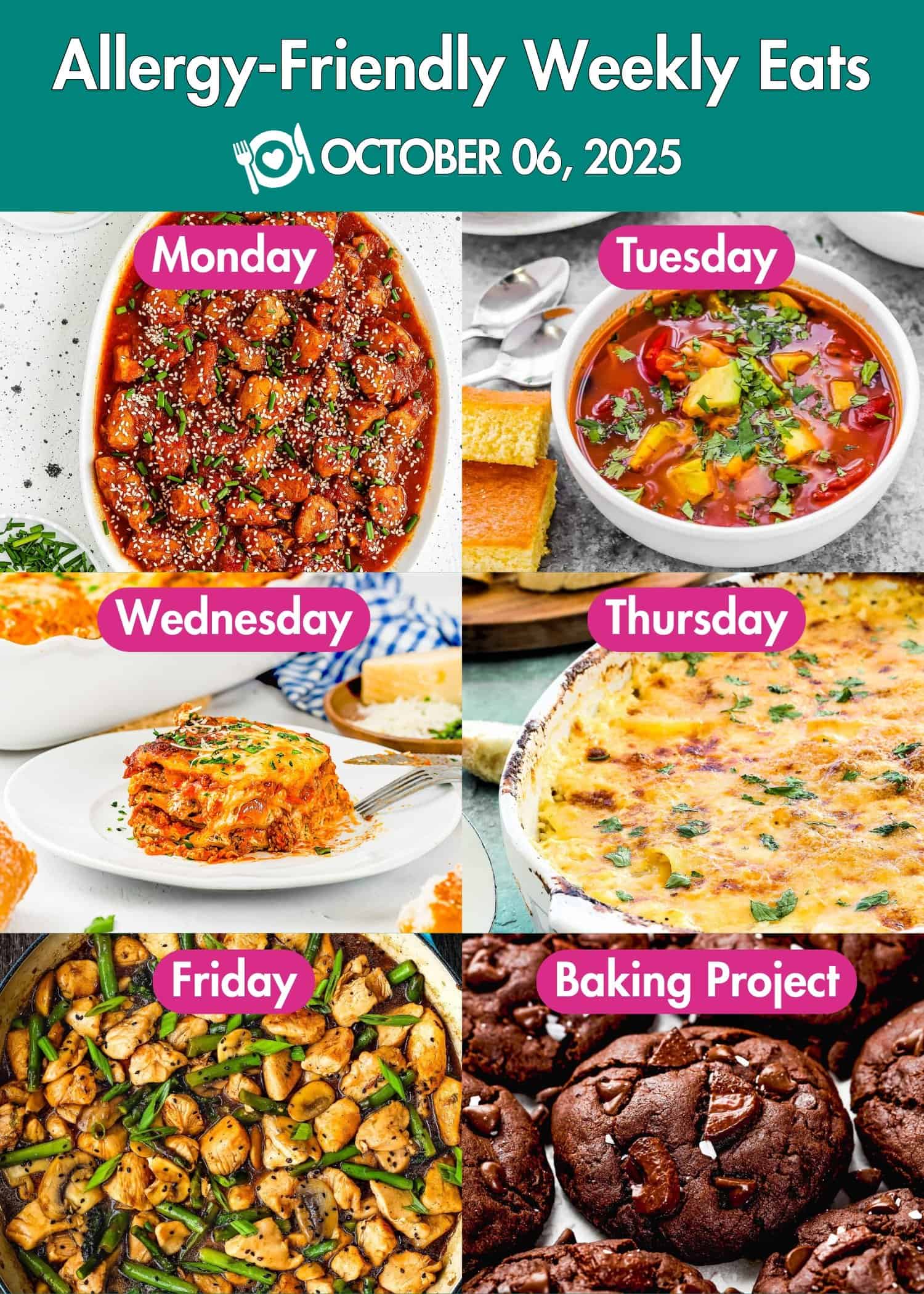 A meal plan graphic titled "Allergy-Friendly Weekly Eats" for the week of October 6, 2025, featuring photos of different dishes for each day, including a dessert baking project.