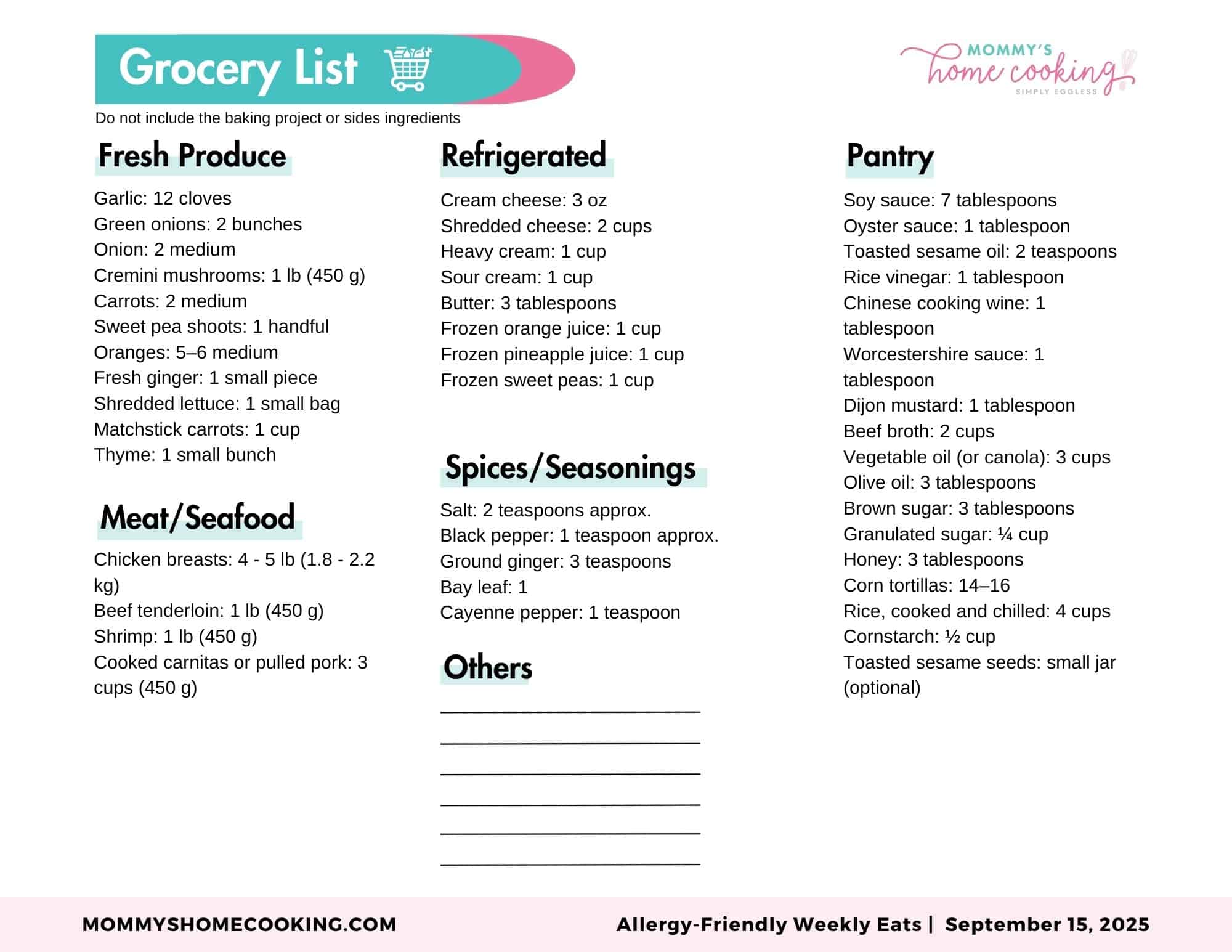 Grocery list organized by sections: Fresh Produce, Meat/Seafood, Refrigerated, Spices/Seasonings, Pantry, and Others—featuring quantities for each item. Includes header, website branding, and supports an Allergy-Friendly Meal Plan.