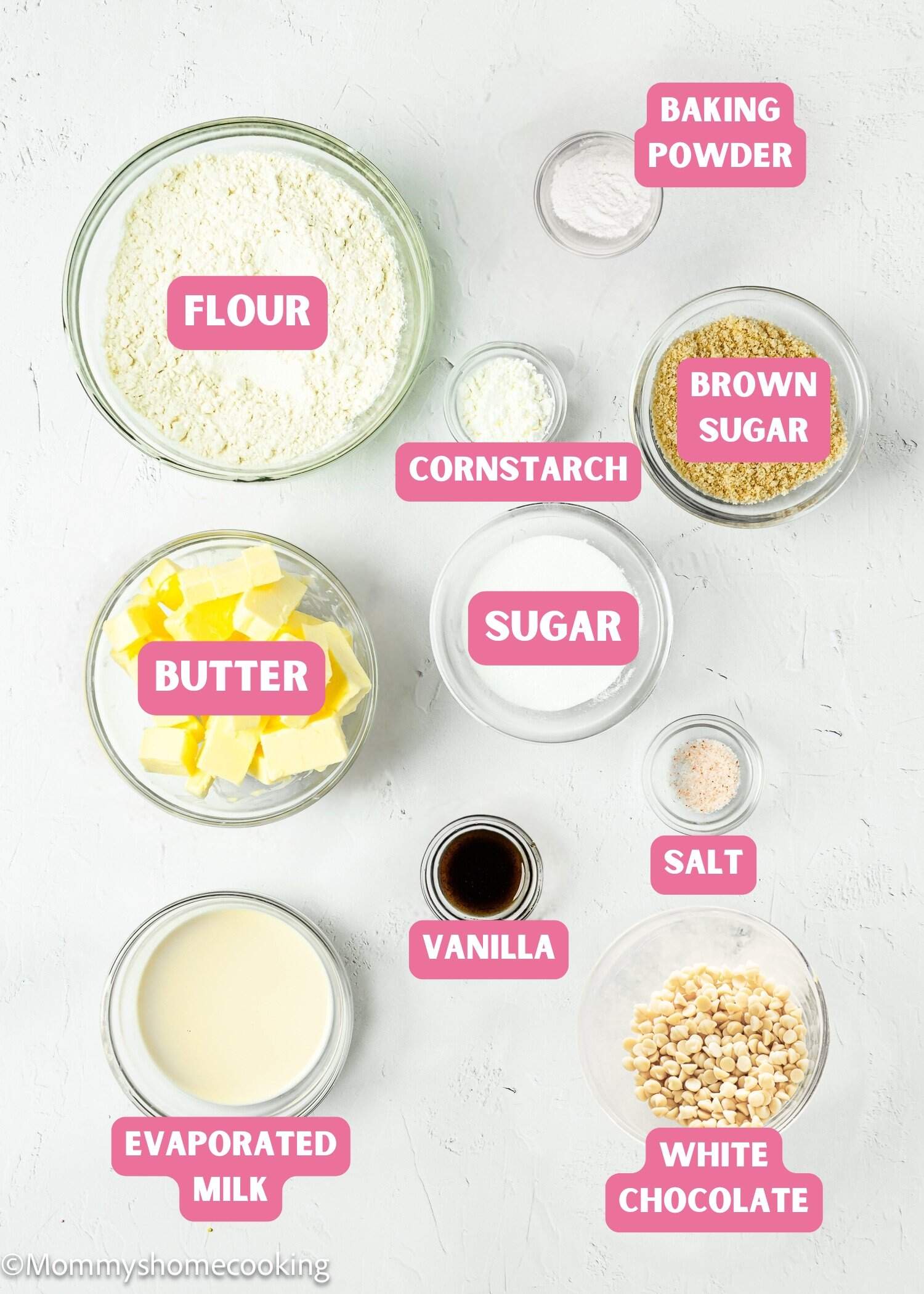 Easy Eggless Blondies ingredients with name tags.