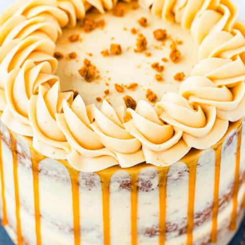 A layered cake with light frosting, caramel drizzle on the sides, piped swirls on top, and cookie crumbs sprinkled in the center.