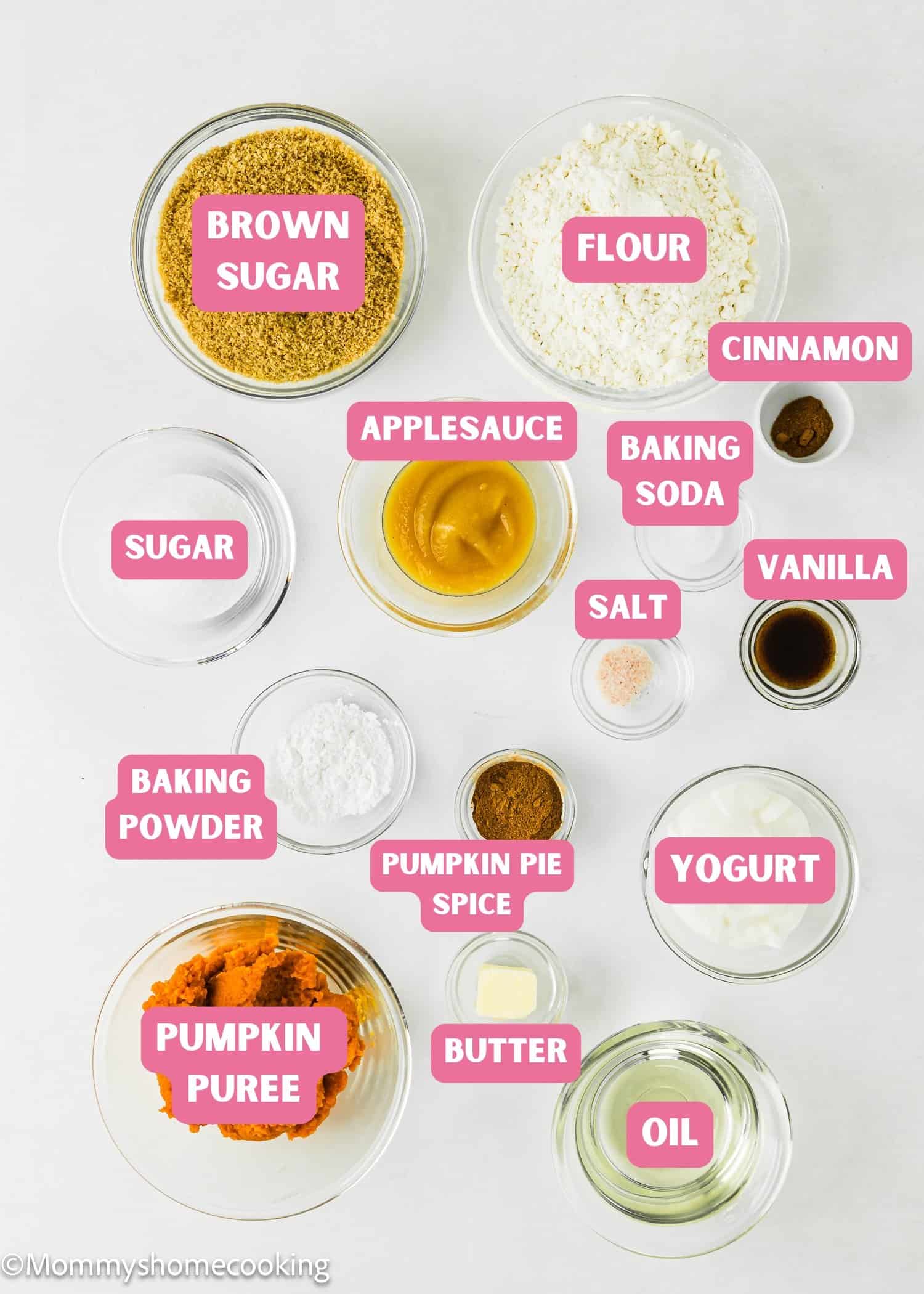 Top-down view of labeled baking ingredients in bowls for Egg-Free Pumpkin Coffee Cake with Crumb Topping, including brown sugar, flour, applesauce, pumpkin puree, vanilla, yogurt, spices, butter, and oil.