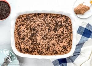 A rectangular baking dish filled with chocolate cake topped with chocolate sprinkles, shown next to a slice on a plate, a napkin, and serving utensils.
