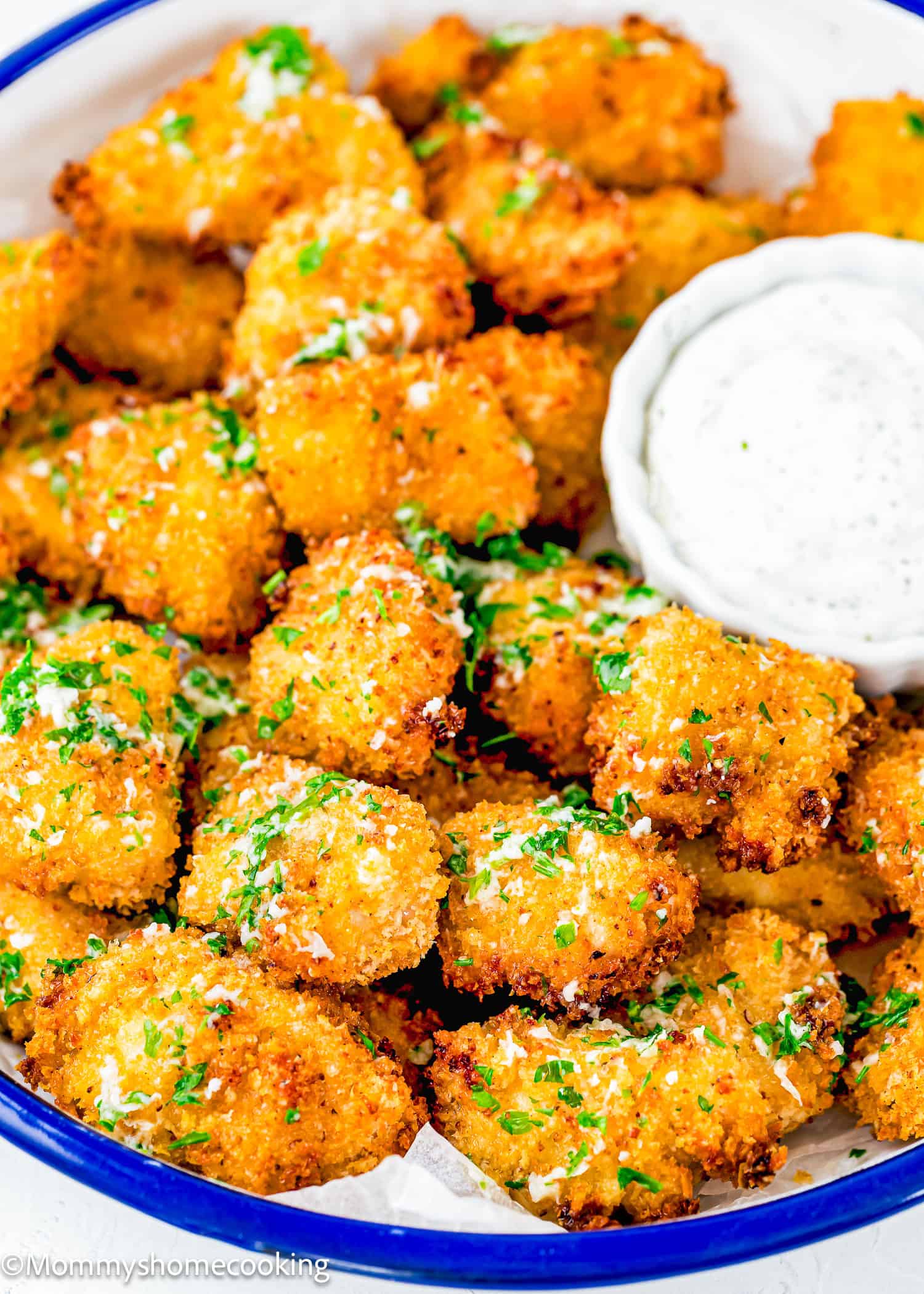 A plate of golden, crispy breaded eggless Garlic Parmesan Chicken Bites, garnished with chopped parsley and grated cheese, served with a small bowl of creamy dipping sauce.