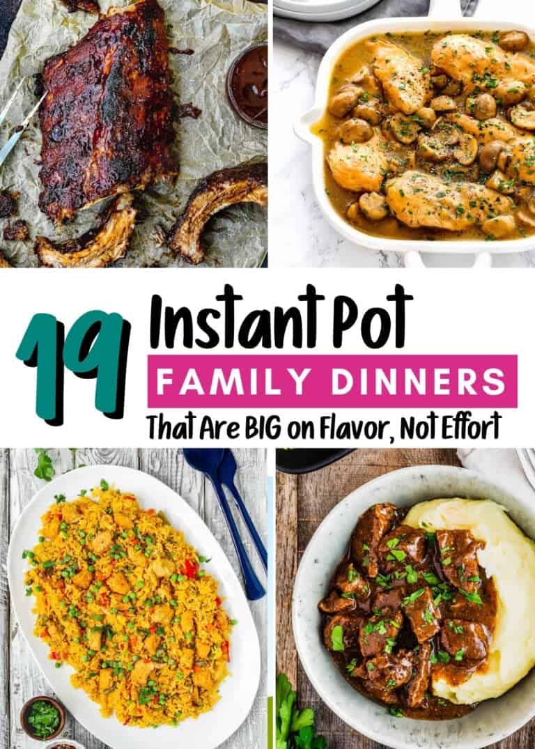 A collage of four dishes: ribs with sauce, creamy chicken with mushrooms, yellow rice with vegetables, and beef stew over mashed potatoes. Text reads: "19 Instant Pot Family Meals That Are BIG on Flavor, Not Effort.