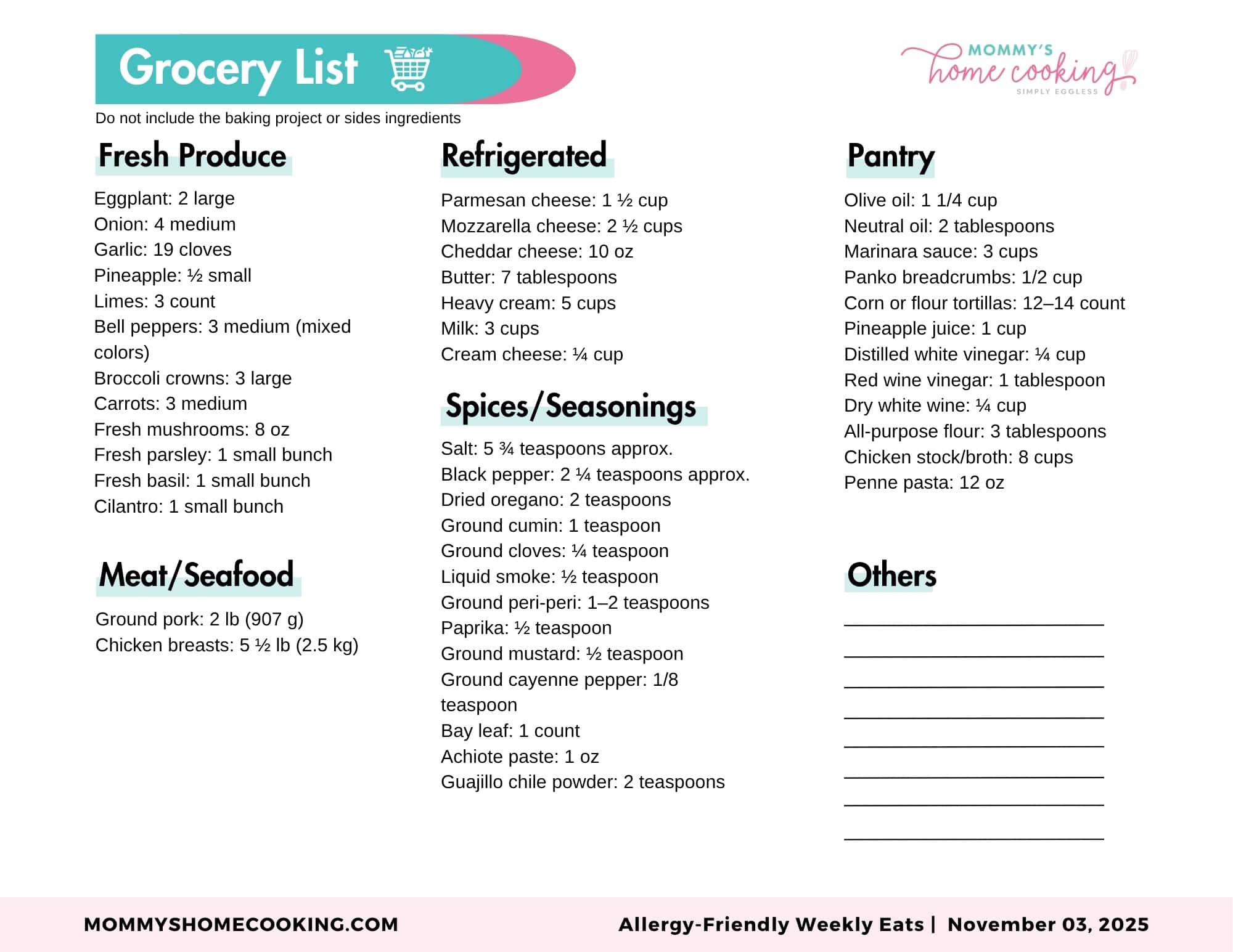 Allergy-Friendly Weekly Eats November 03, 2025 Shopping List.