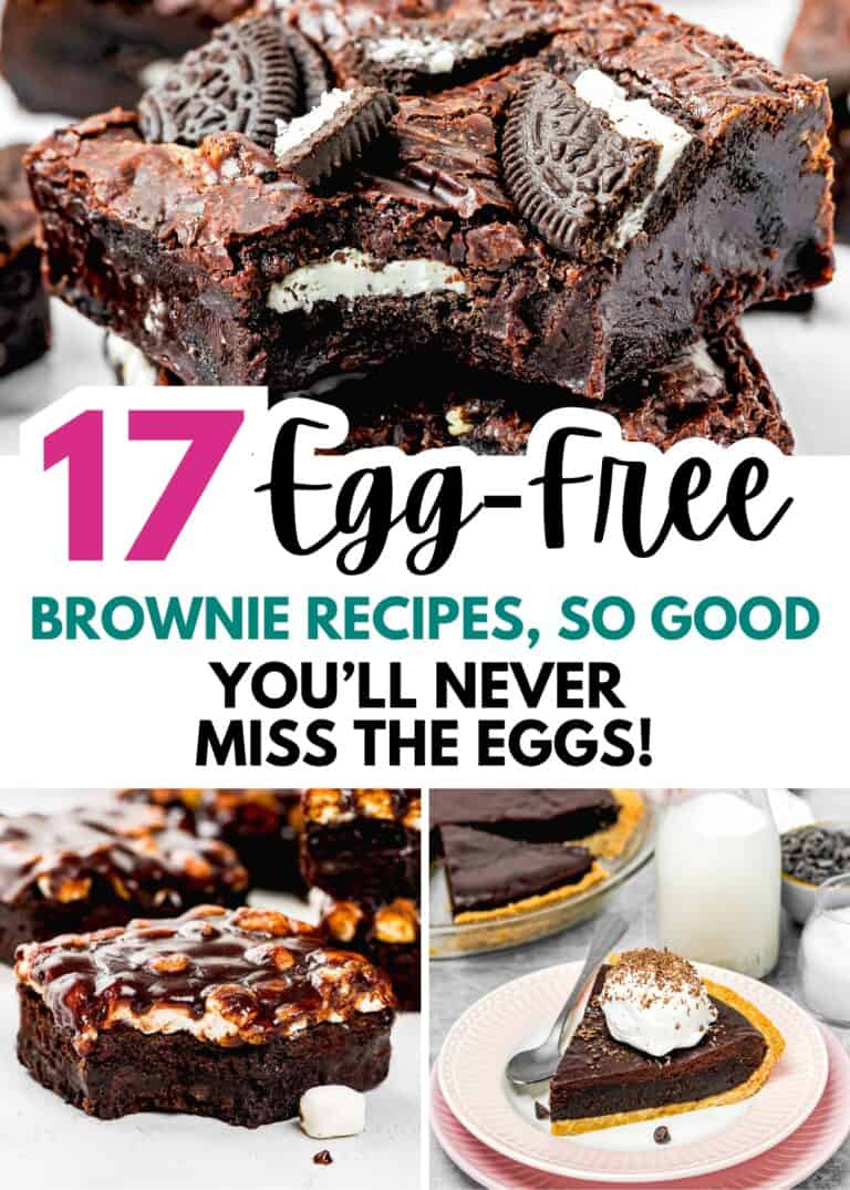 A collage shows egg-free brownies topped with cookies and nuts, plus a slice of chocolate pie on a pink plate. Text reads: “Egg-Free Brownie Recipes So Good You’ll Never Miss the Eggs!”.