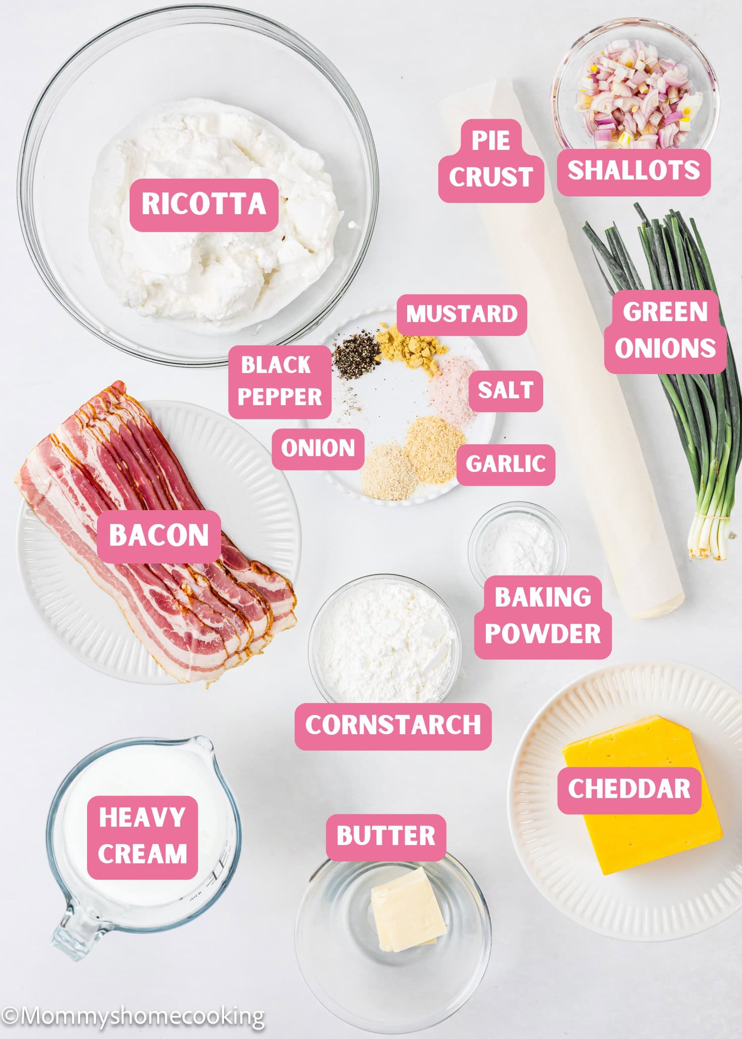 Eggless Bacon and Cheese Quiche ingredients with name tags.