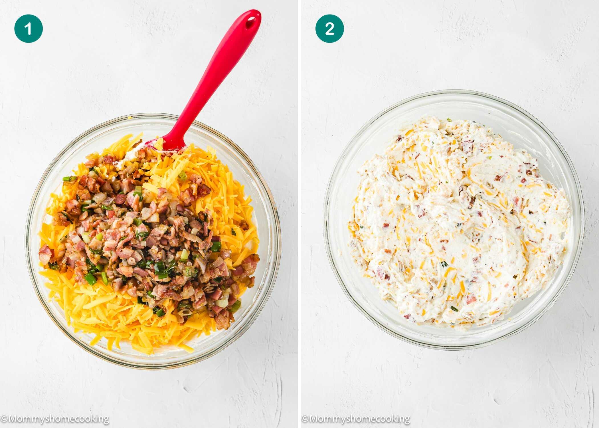 Two clear glass bowls: the left shows shredded cheese, chopped bacon, and herbs being mixed; the right shows the completed creamy cheese and bacon dip mixture.