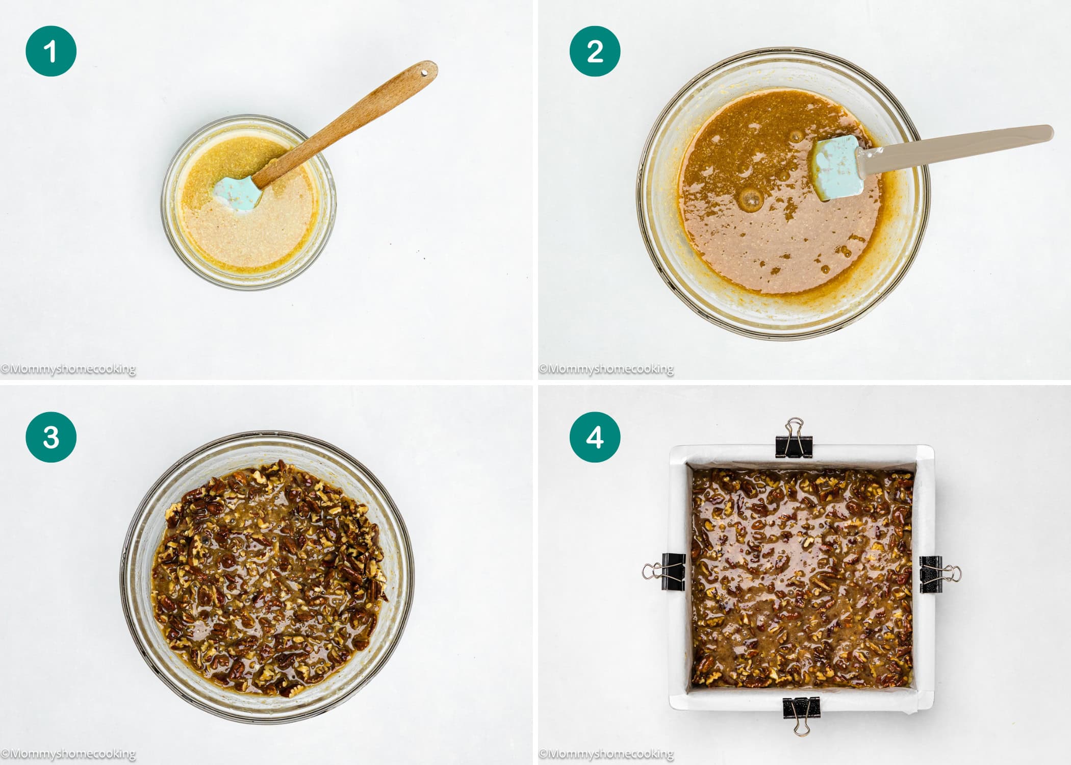 Four-step collage showing the process of mixing ingredients in bowls and spreading the mixture in a parchment-lined square baking pan, likely for Eggless Brown Butter Pecan Pie Bars.