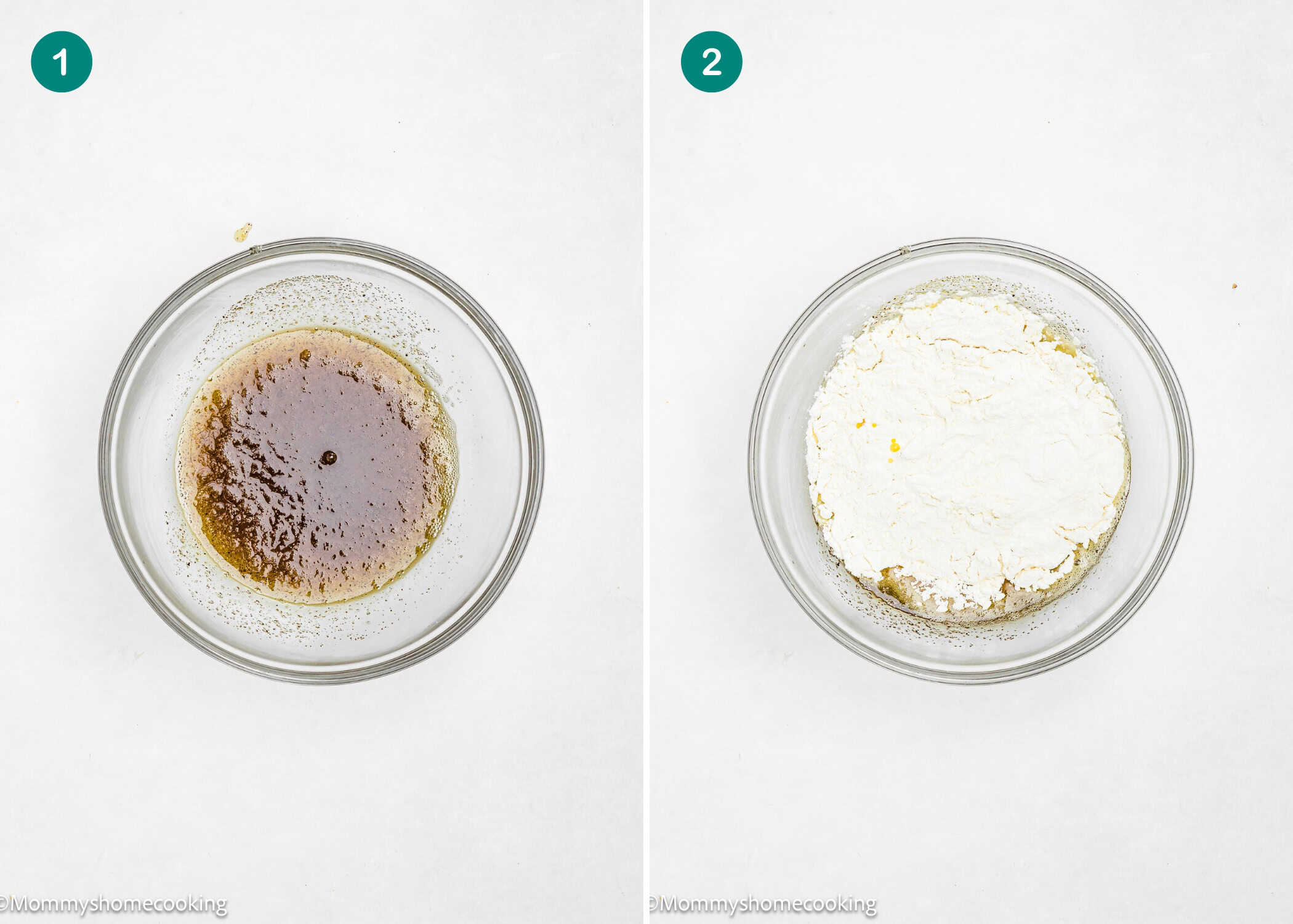 Side-by-side images of two glass bowls: the left holds a brown liquid mixture for Eggless Brown Butter Pecan Pie Bars, and the right shows flour on top of a wet mixture, both on a white surface.