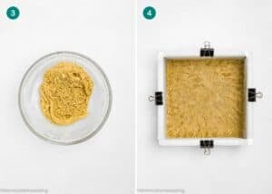 Left: A glass bowl with Eggless Brown Butter Pecan Pie Bars dough. Right: Dough pressed evenly into a parchment-lined square baking pan, held in place with binder clips.